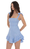 Floral Jacquard Ruffle A line Dress in Light Blue