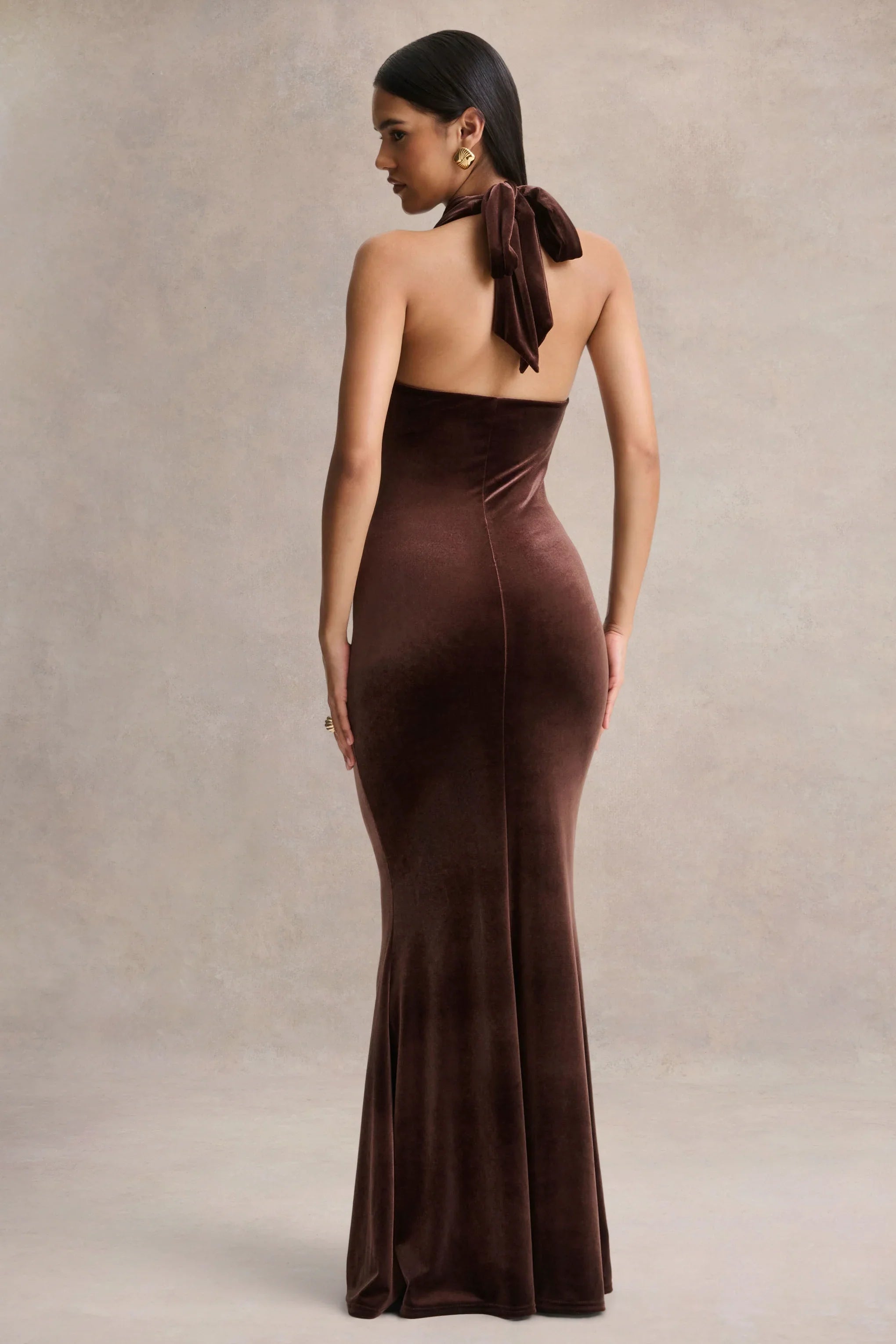 Lavernia Brown Velvet Halter Neck Maxi Dress With Gathered Detailing