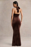 Lavernia Brown Velvet Halter Neck Maxi Dress With Gathered Detailing