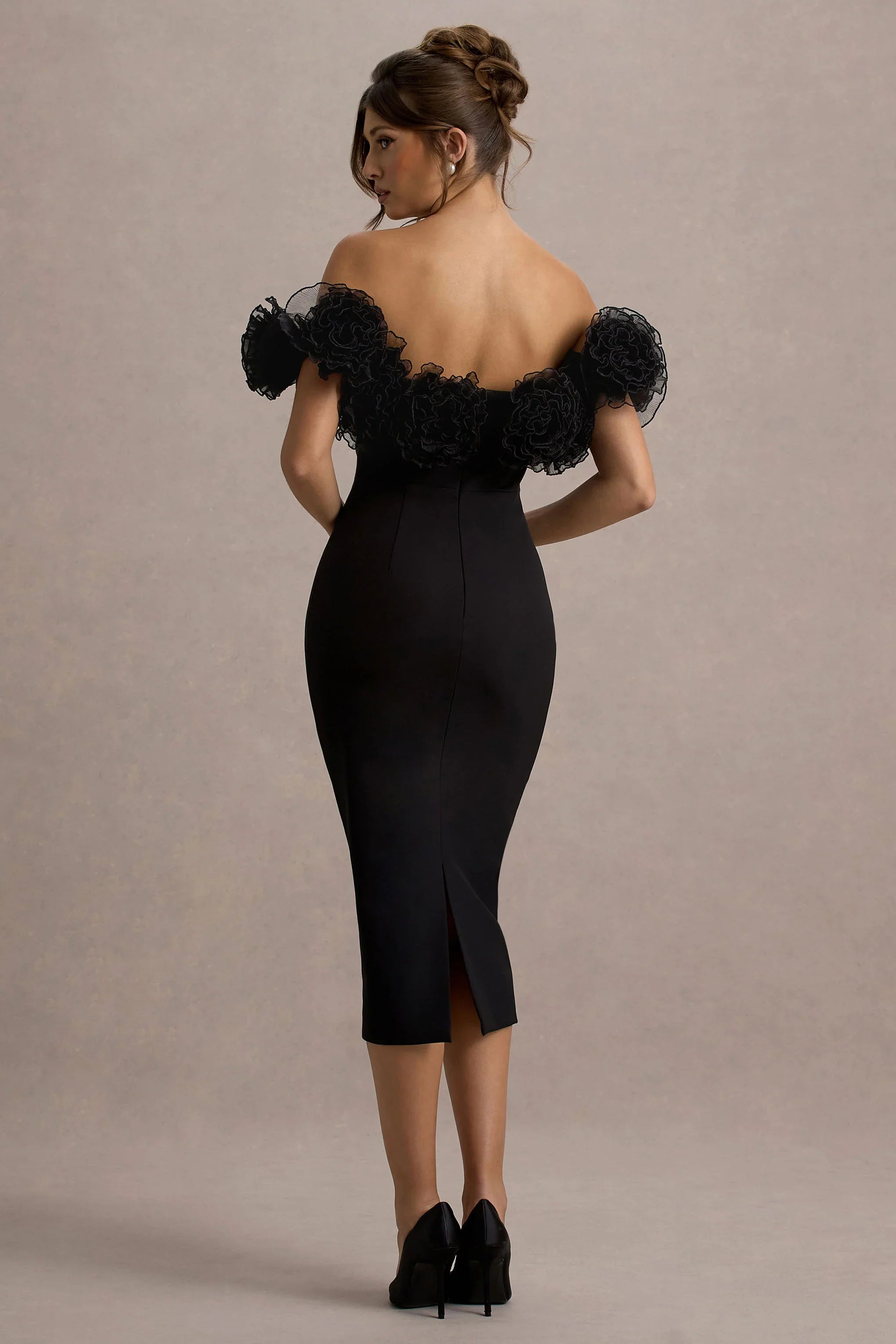 Alizzi Black Bardot Midi Dress With Ruffle Trim