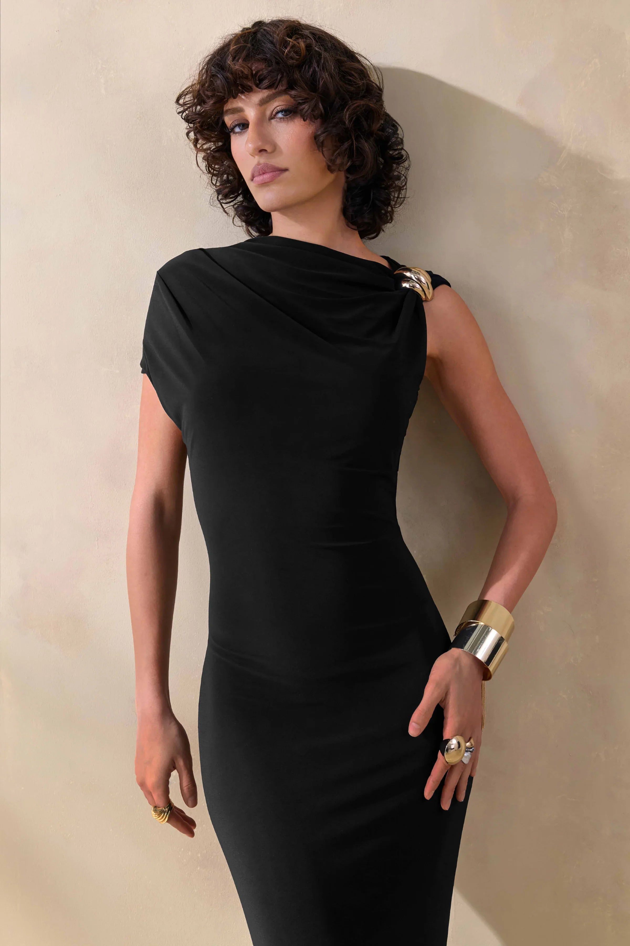 Blaire Black Asymmetric Neck Maxi Dress With Gold Detailing