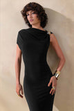 Blaire Black Asymmetric Neck Maxi Dress With Gold Detailing