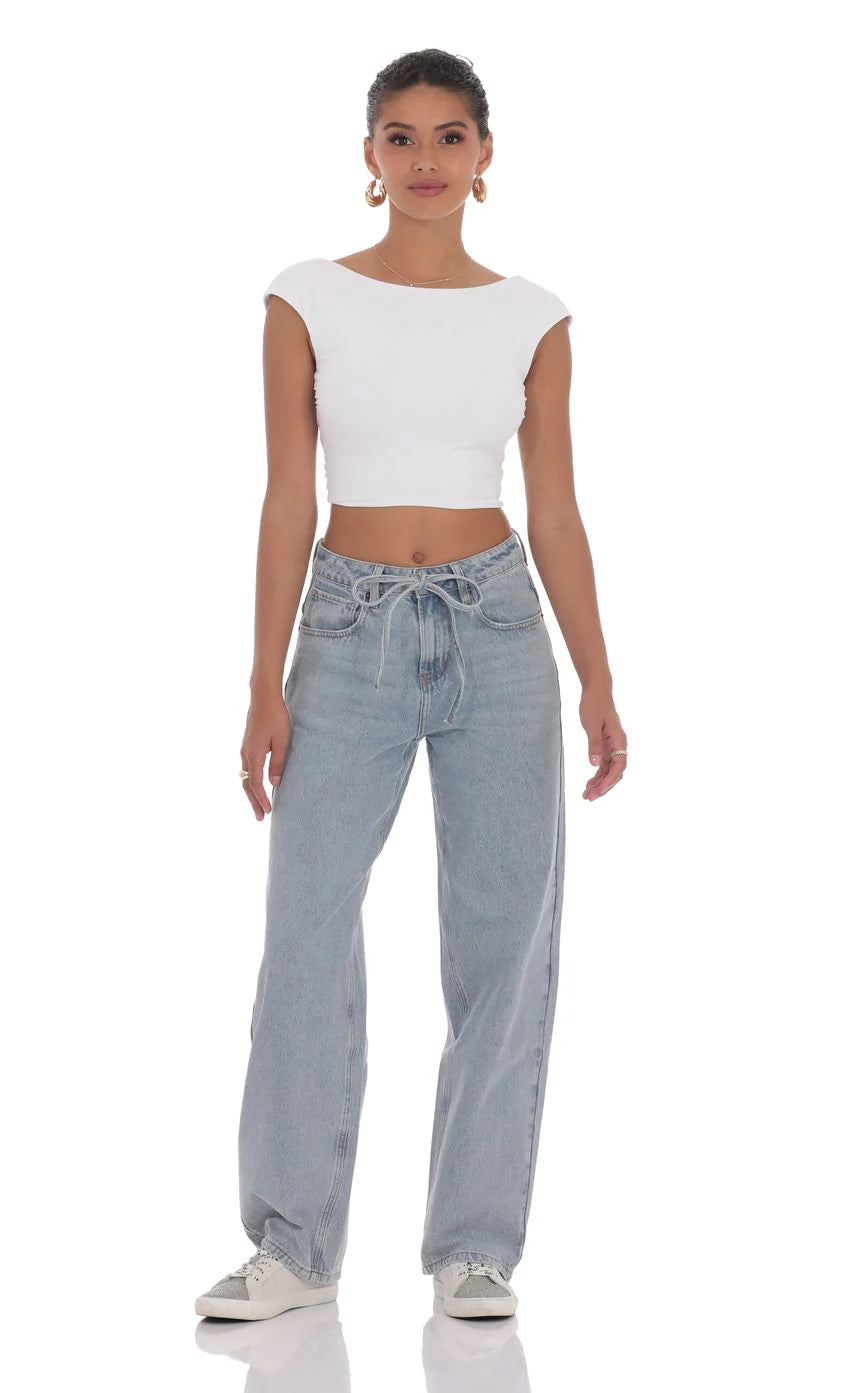 Drawstring Denim Jeans in Blue Wash