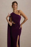 Brona Plum One Shoulder Cape Sleeve Split Maxi Dress