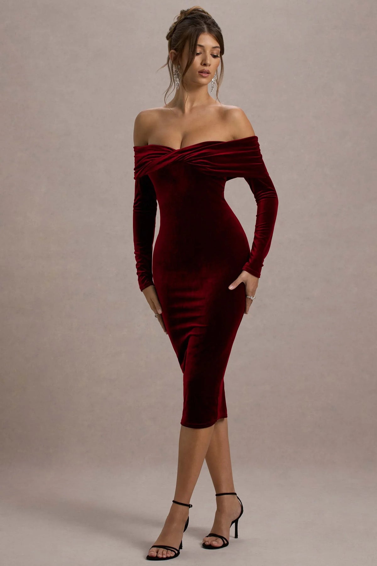Compliment Berry Velvet Bardot Midi Dress