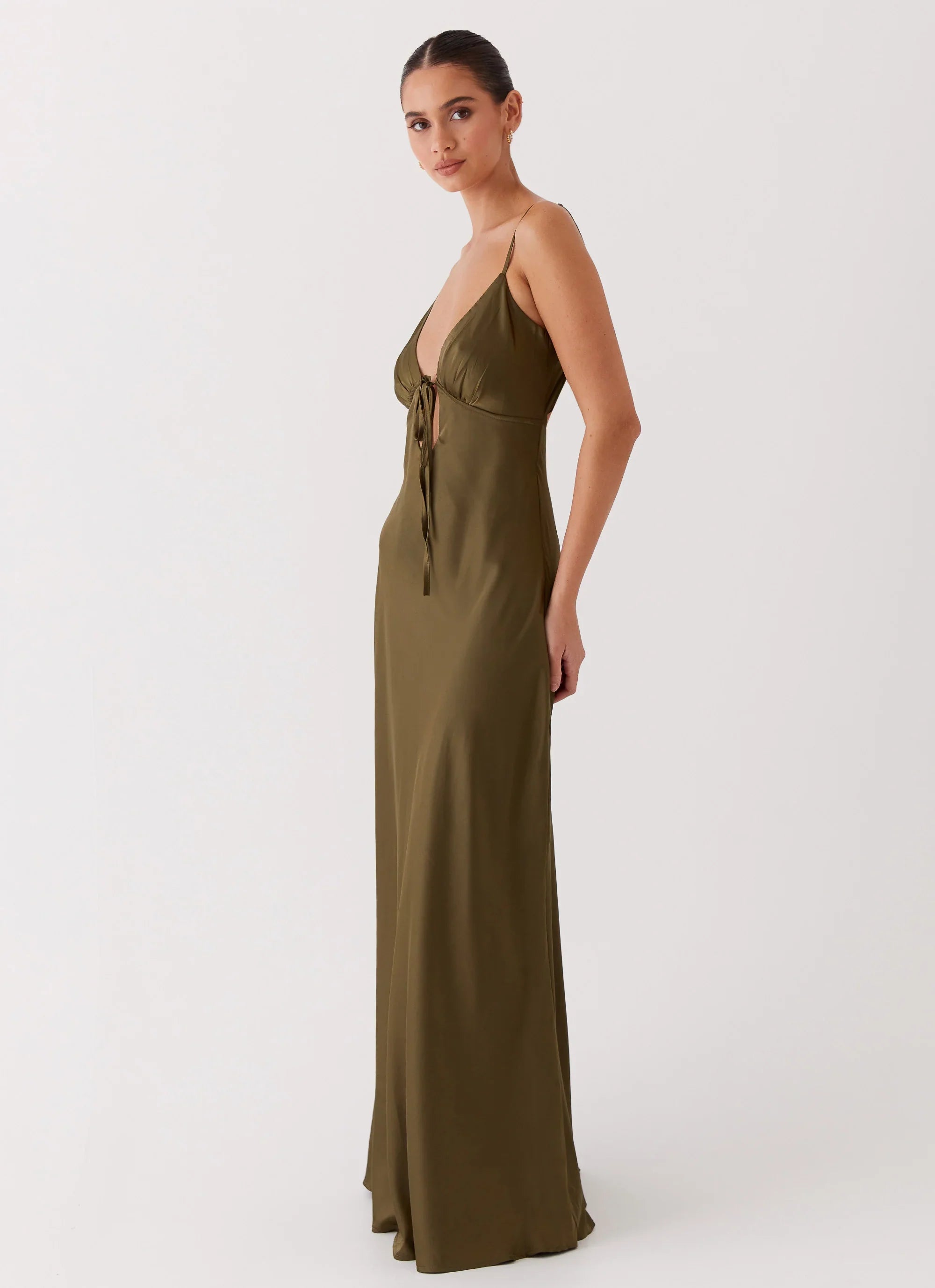 Flora Satin Maxi Dress Khaki