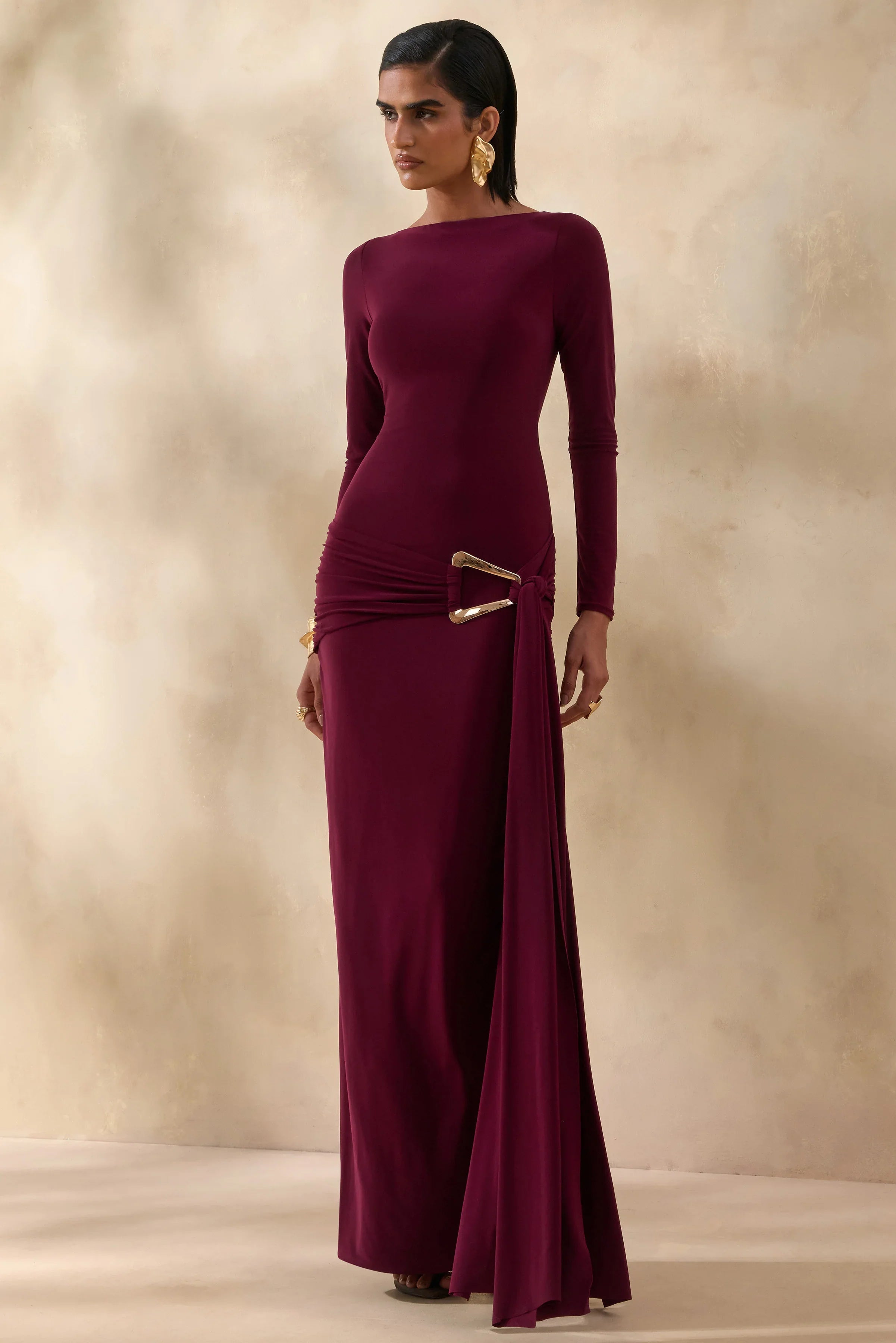 Astrielle Burgundy Wide Neck With Gold Detail And Sash