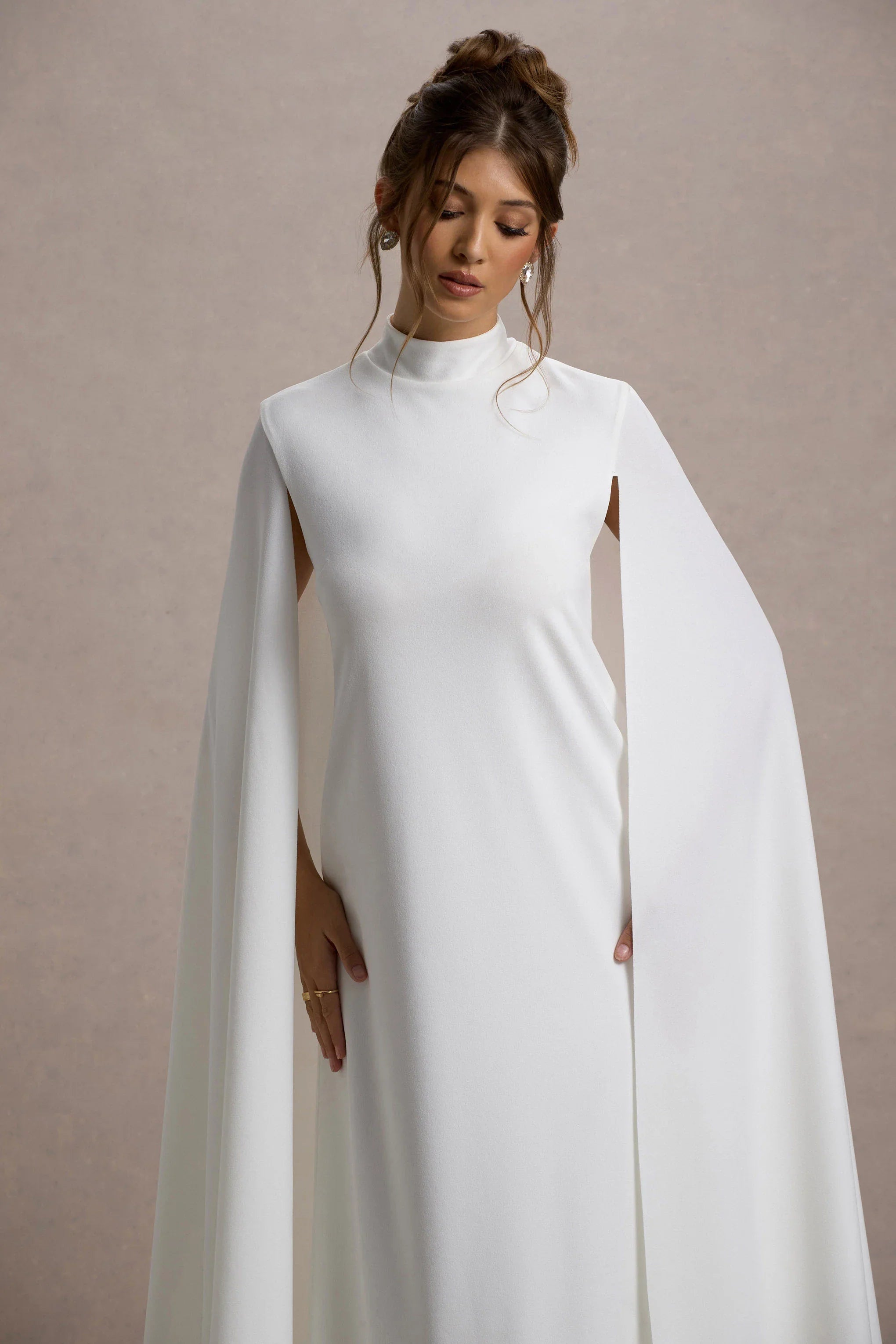 Carnation White Long Sleeve Midi Dress With Cape
