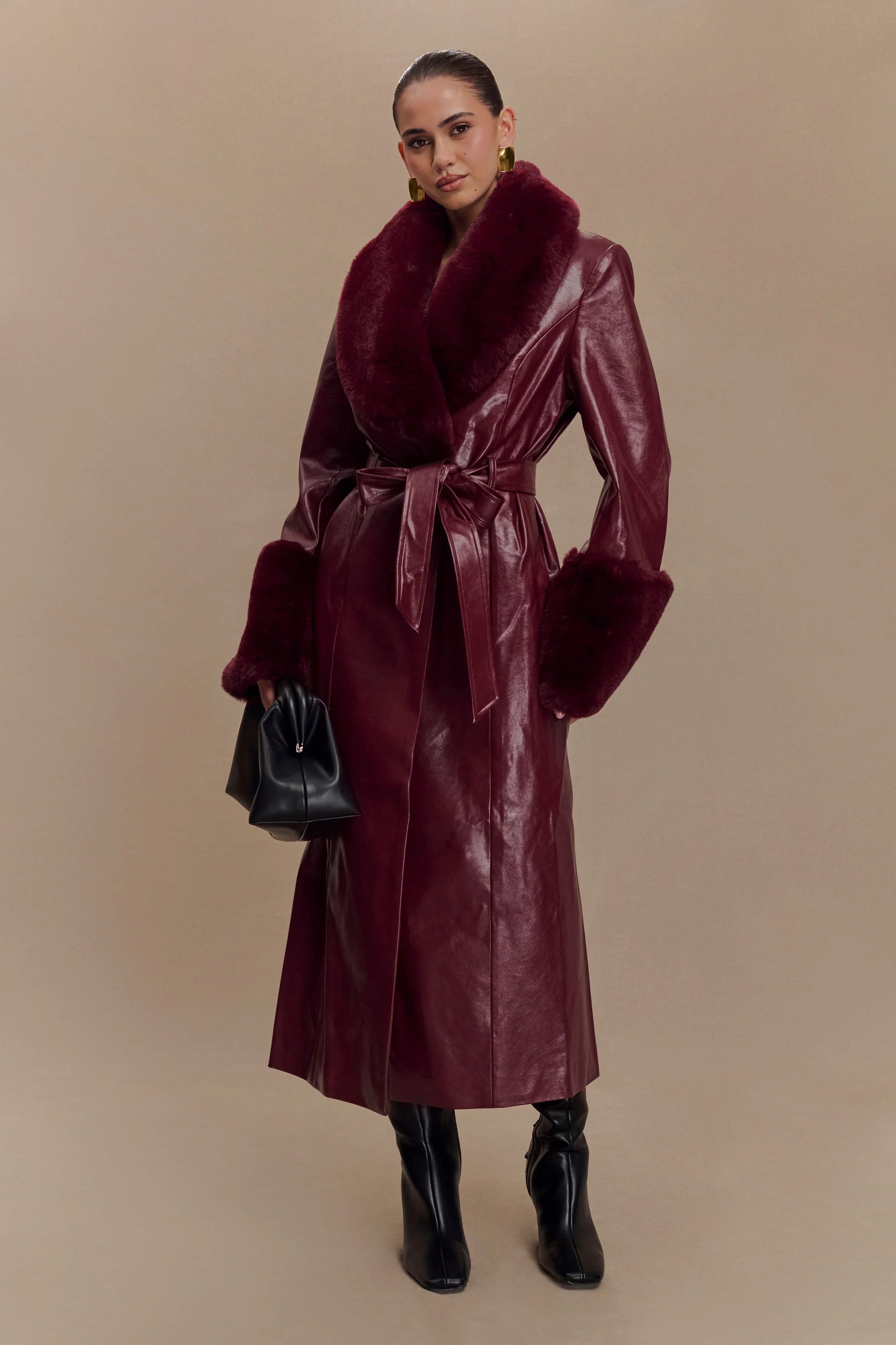Bec Faux Leather Trench Coat With Faux Fur Cherry Red