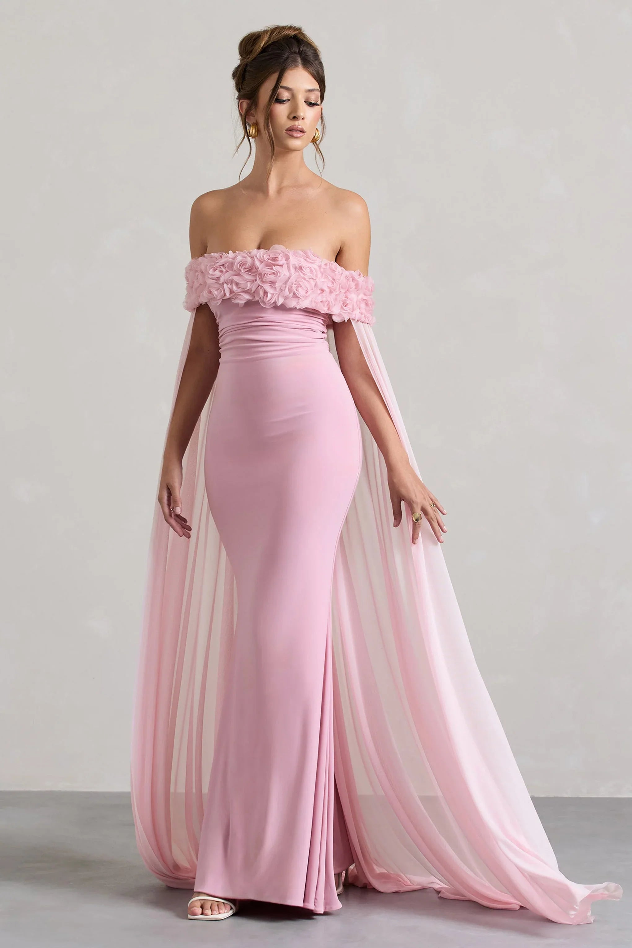 Avant Garde Blush Pink Floral Bardot Fishtail Maxi Dress With Mesh Cape