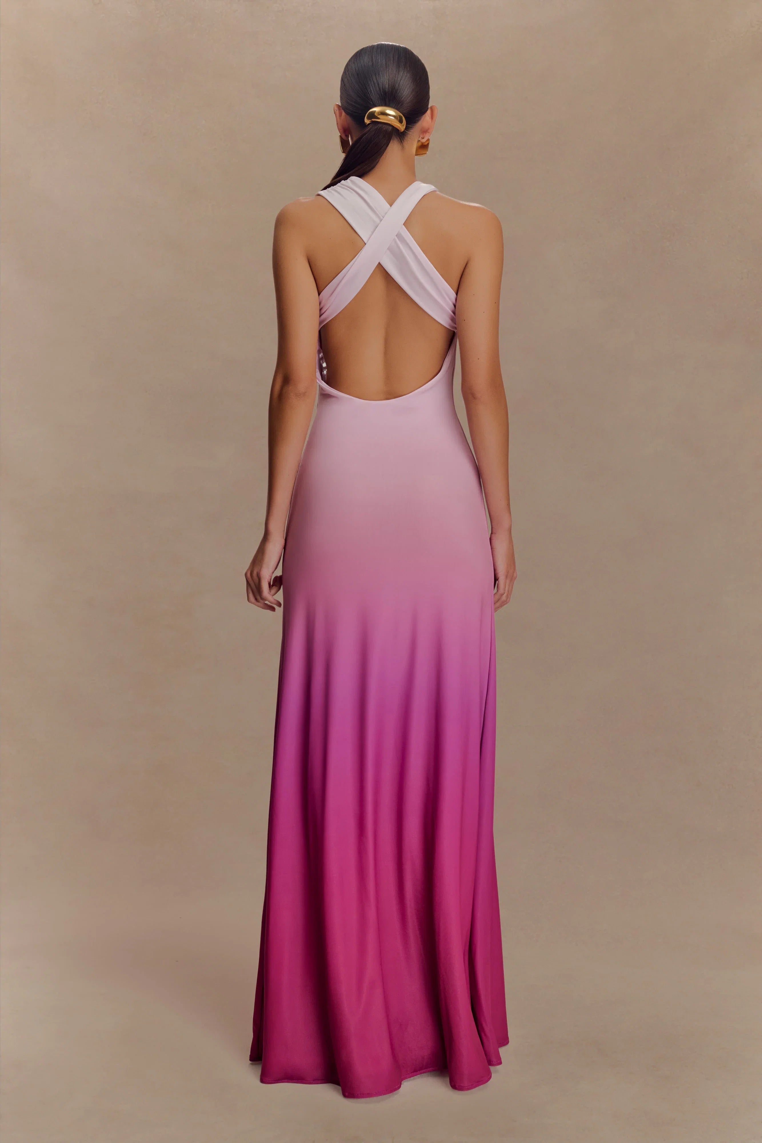 Marlee Asymmetrical Slinky Maxi Dress Ombre Pink