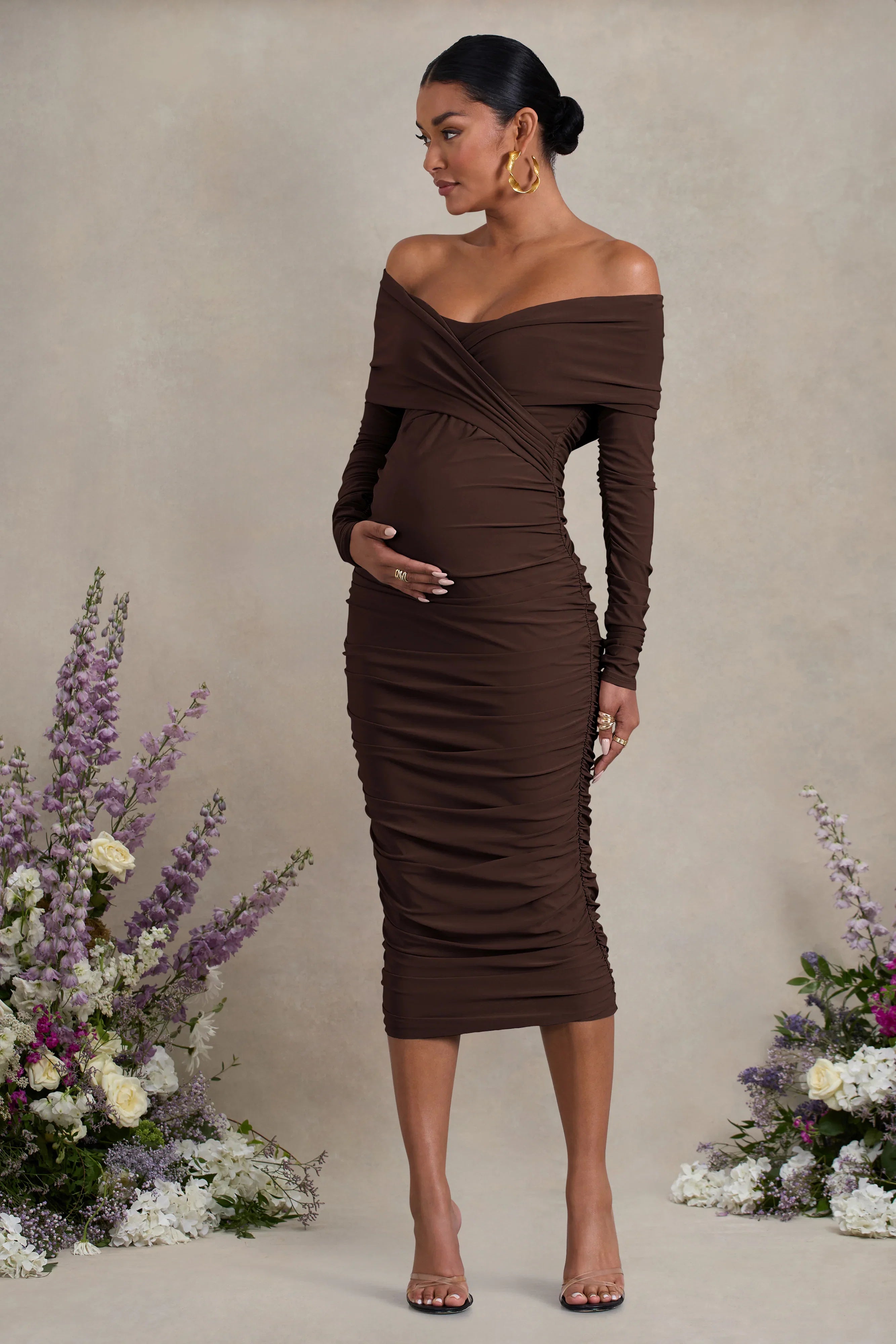 Davina Brown Ruched Twist Bardot Maternity Midi Dress
