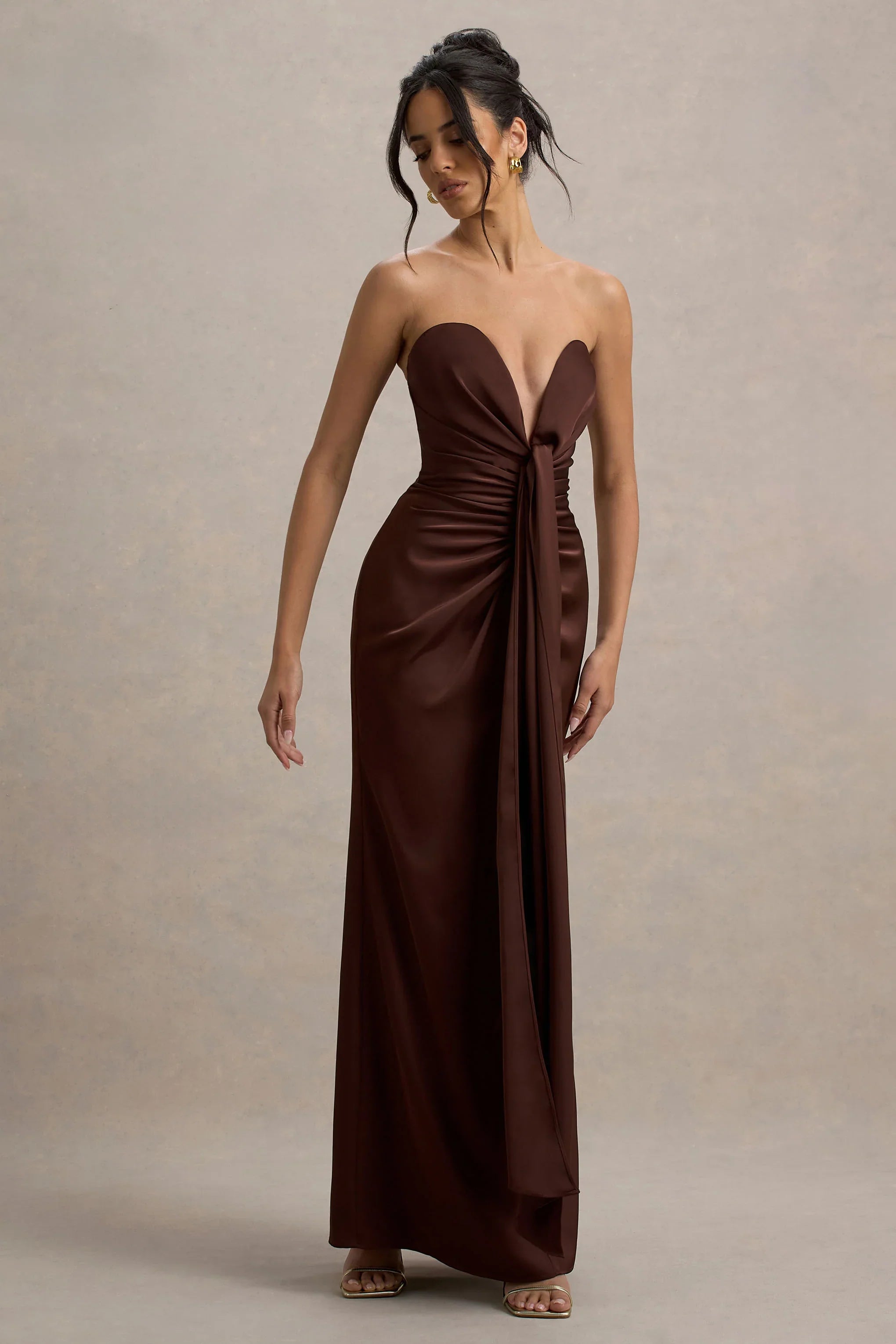 Mackenzie Brown Satin Plunge Neck Draped Maxi Dress