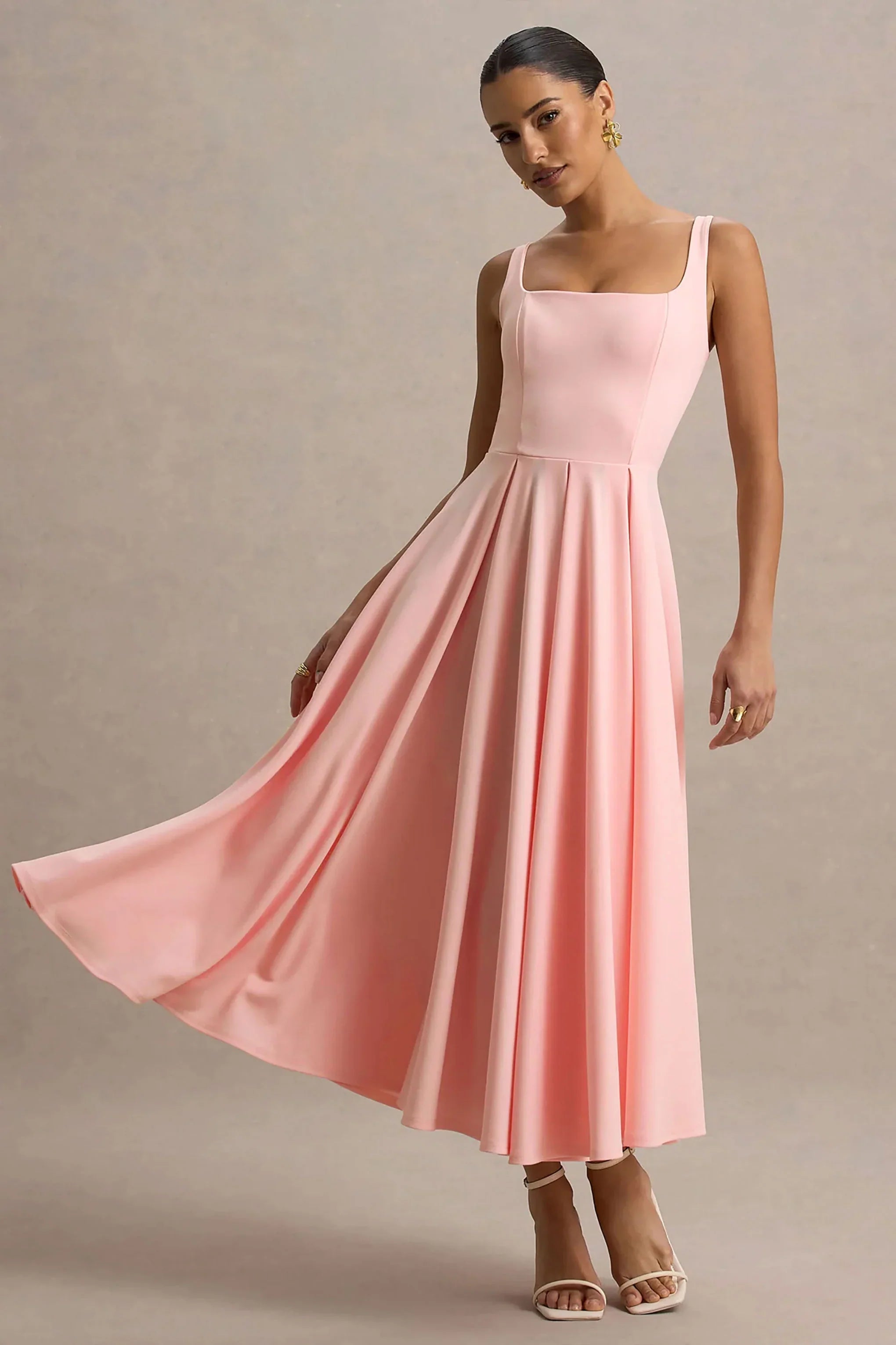 Parina Pink Strappy Volume Hem Midi Dress