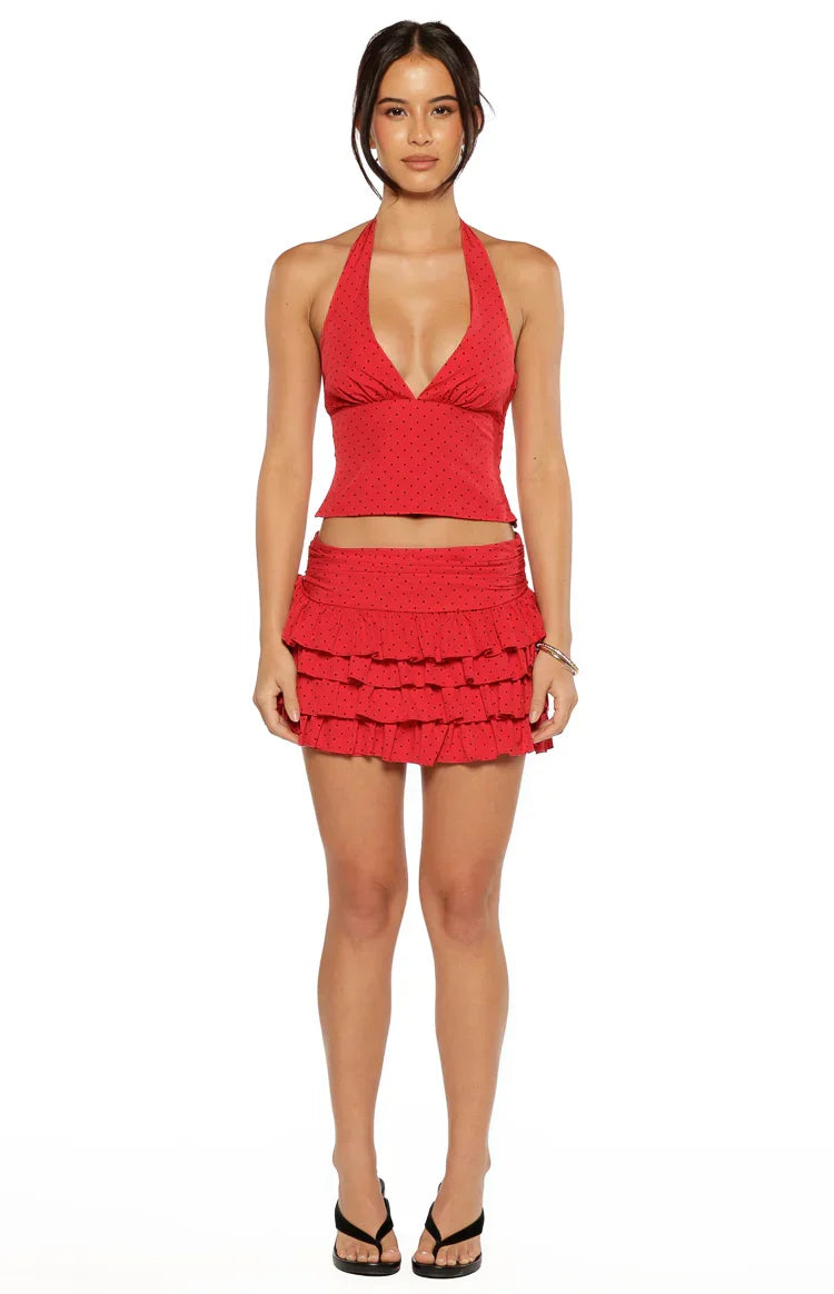Beau Red Chiffon Polka Dot Halter Neck Top