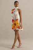 Evita Orange Floral High Neck Satin Mini Dress