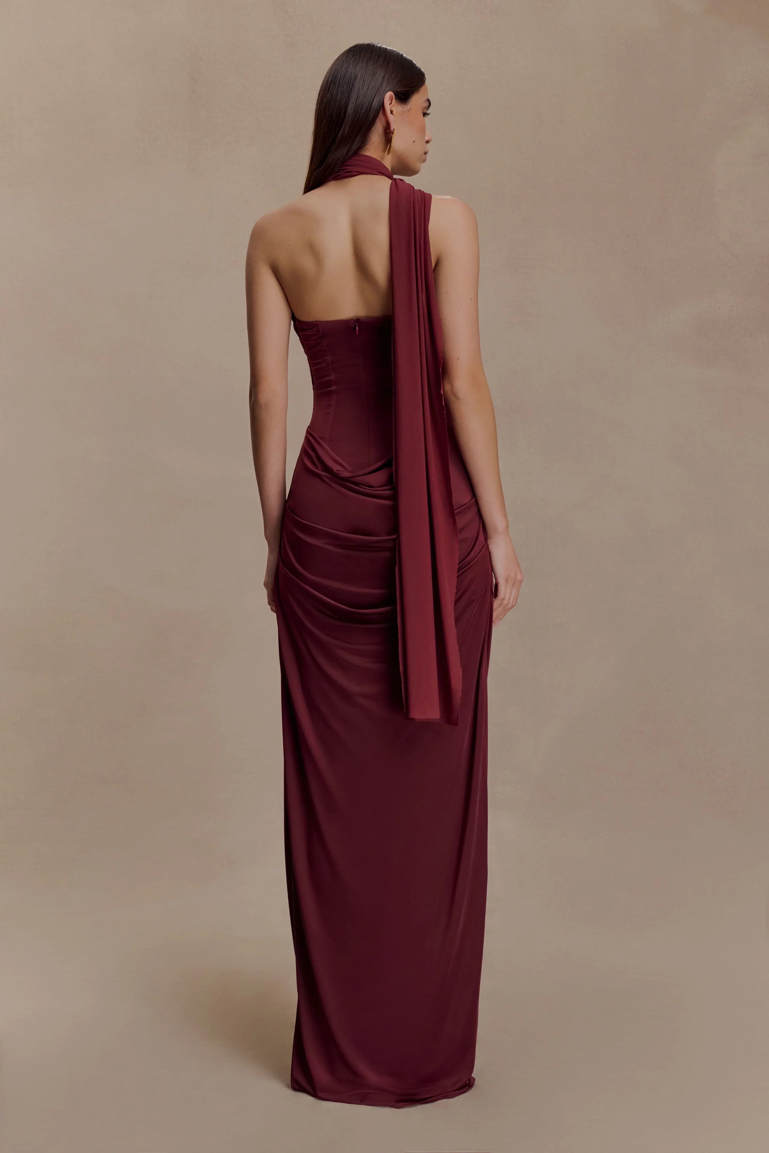Mattea Slinky And Mesh Maxi Dress With Scarf Burgundy