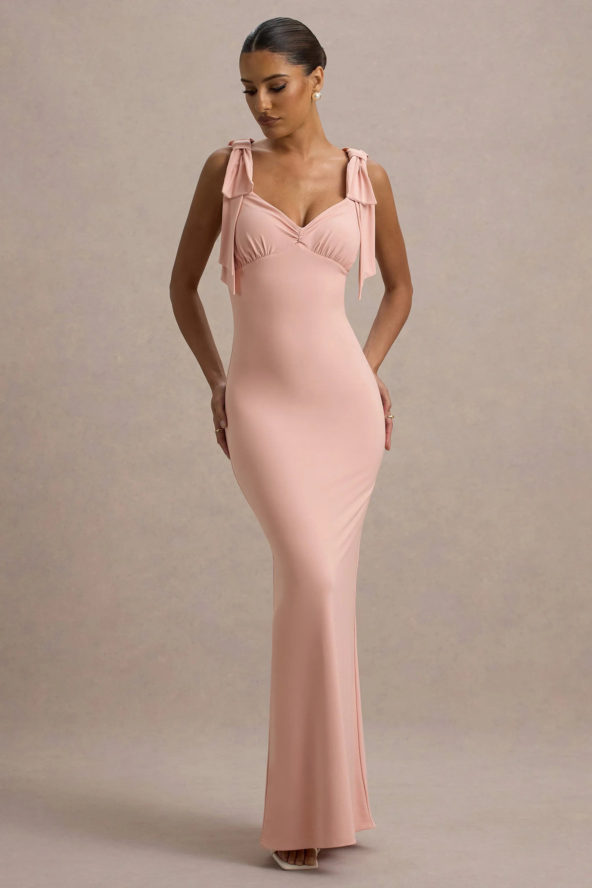 Evanna Pink V Neck Maxi Dress With Bow Straps