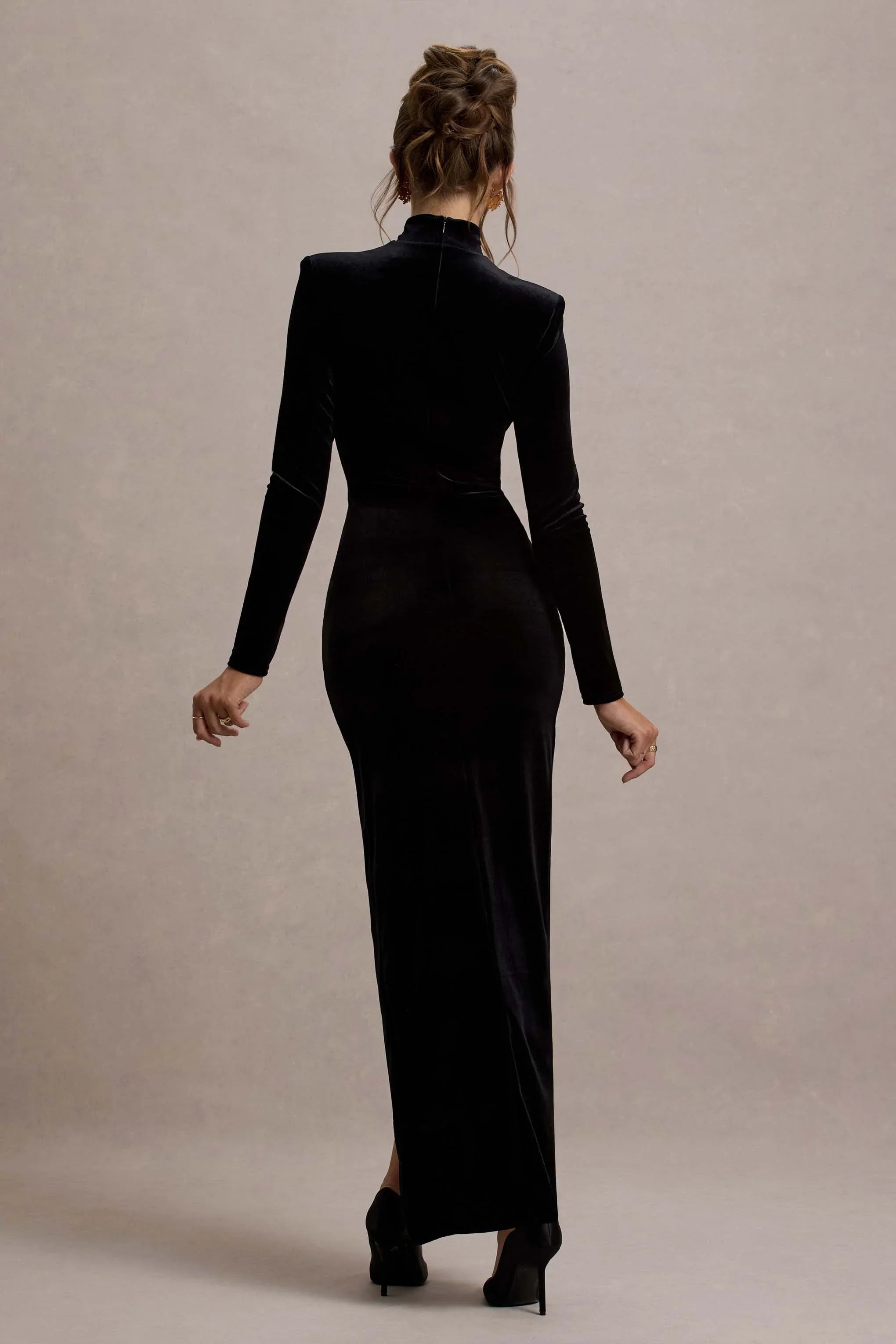 Jaz Black Velvet High Neck Gathered Split Maxi Dress