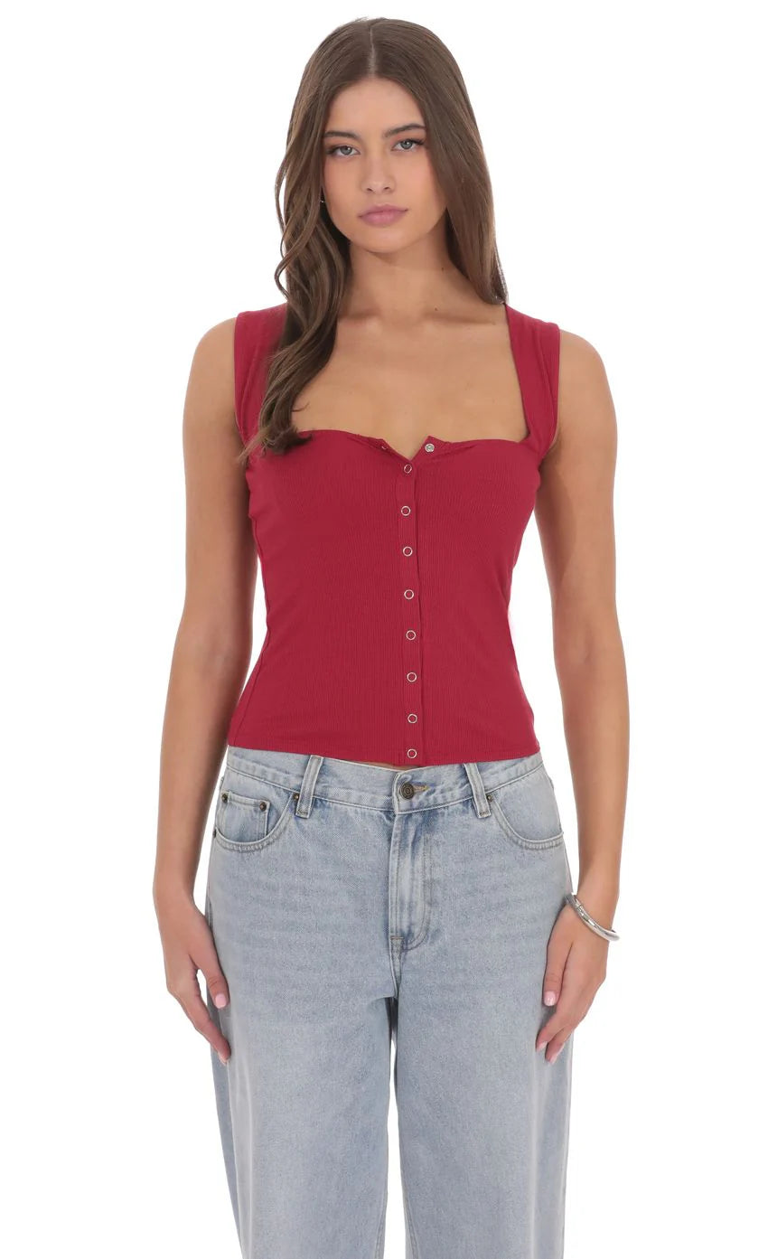 Ribbed Square Neck Top in Red