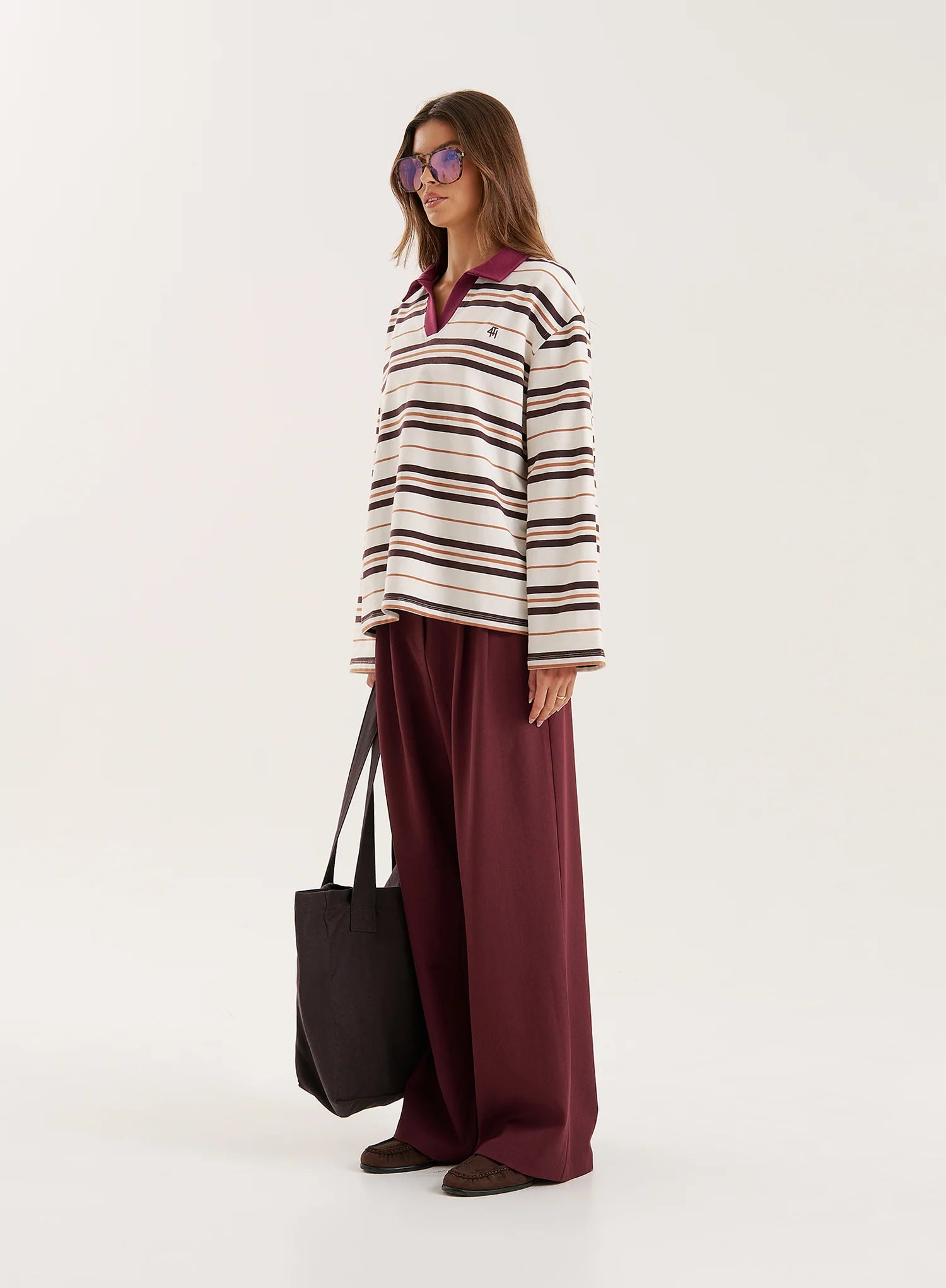 Cream And Chocolate Stripe Contrast Collar Rugby Top