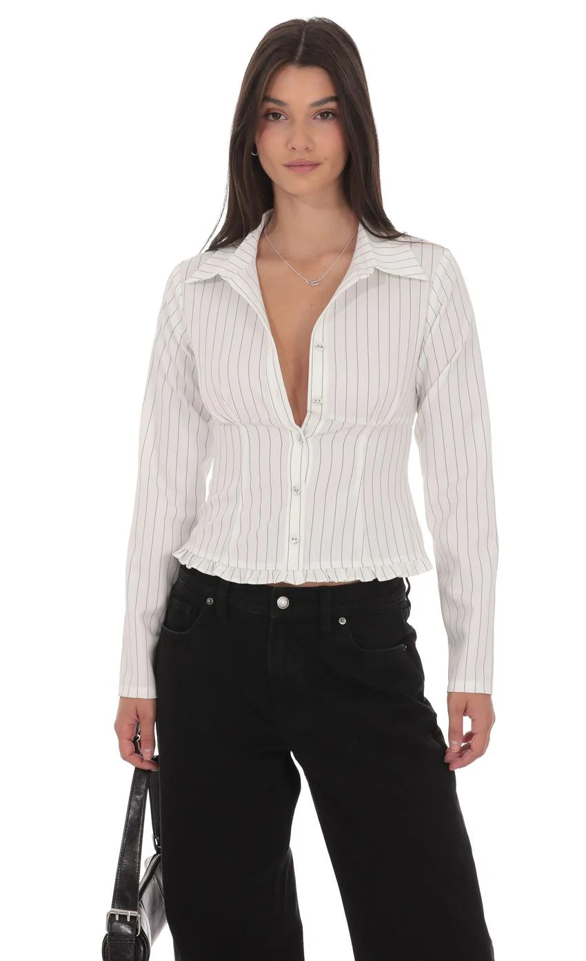 Pinstripe Ruffle Hem Button Up Shirt in White