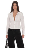 Pinstripe Ruffle Hem Button Up Shirt in White