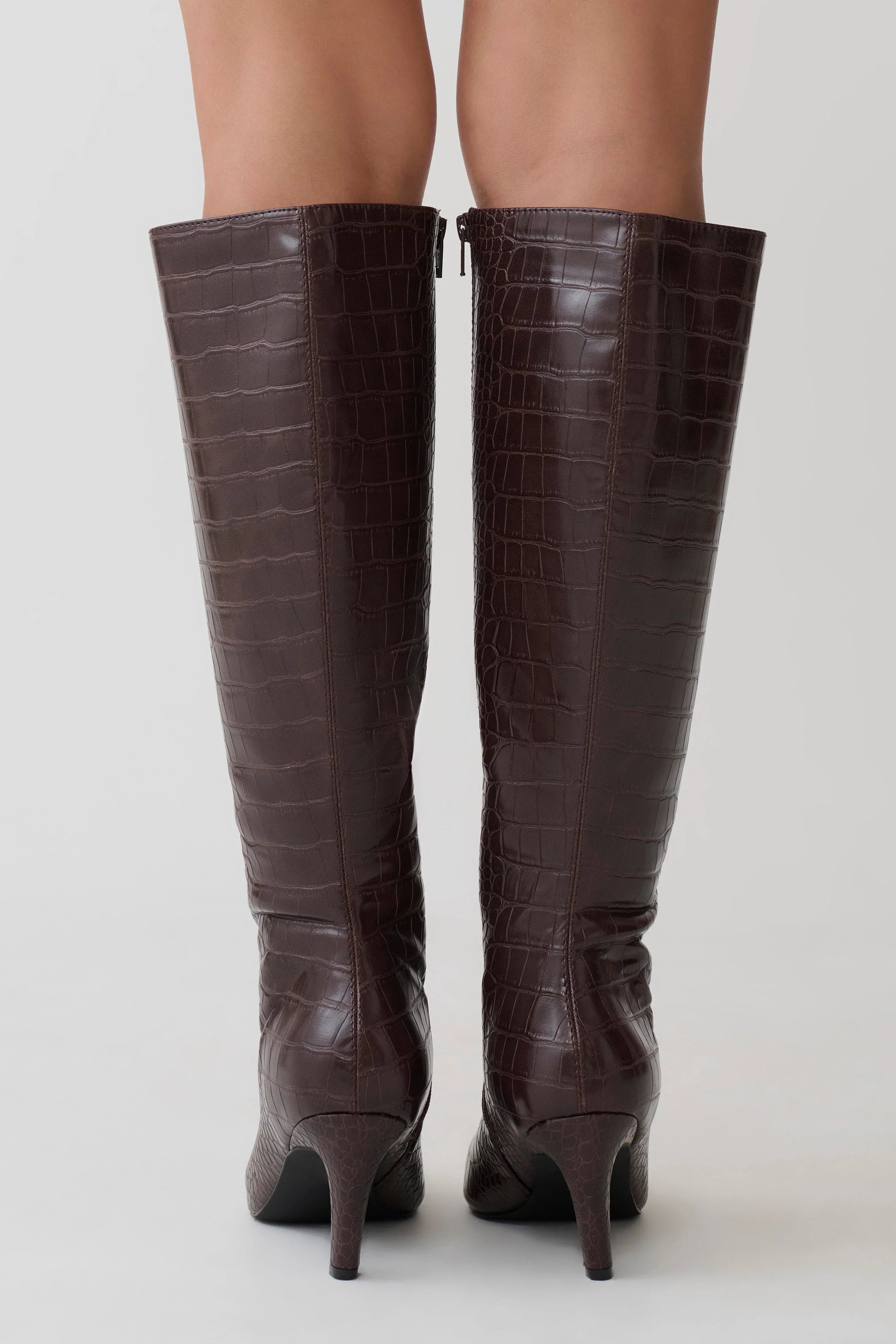 Sarah Faux Leather Crocodile Boot Chocolate