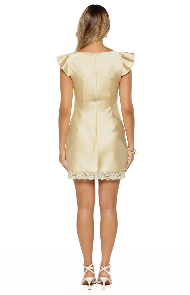 Dasha Yellow Satin Lace Trim Mini Dress