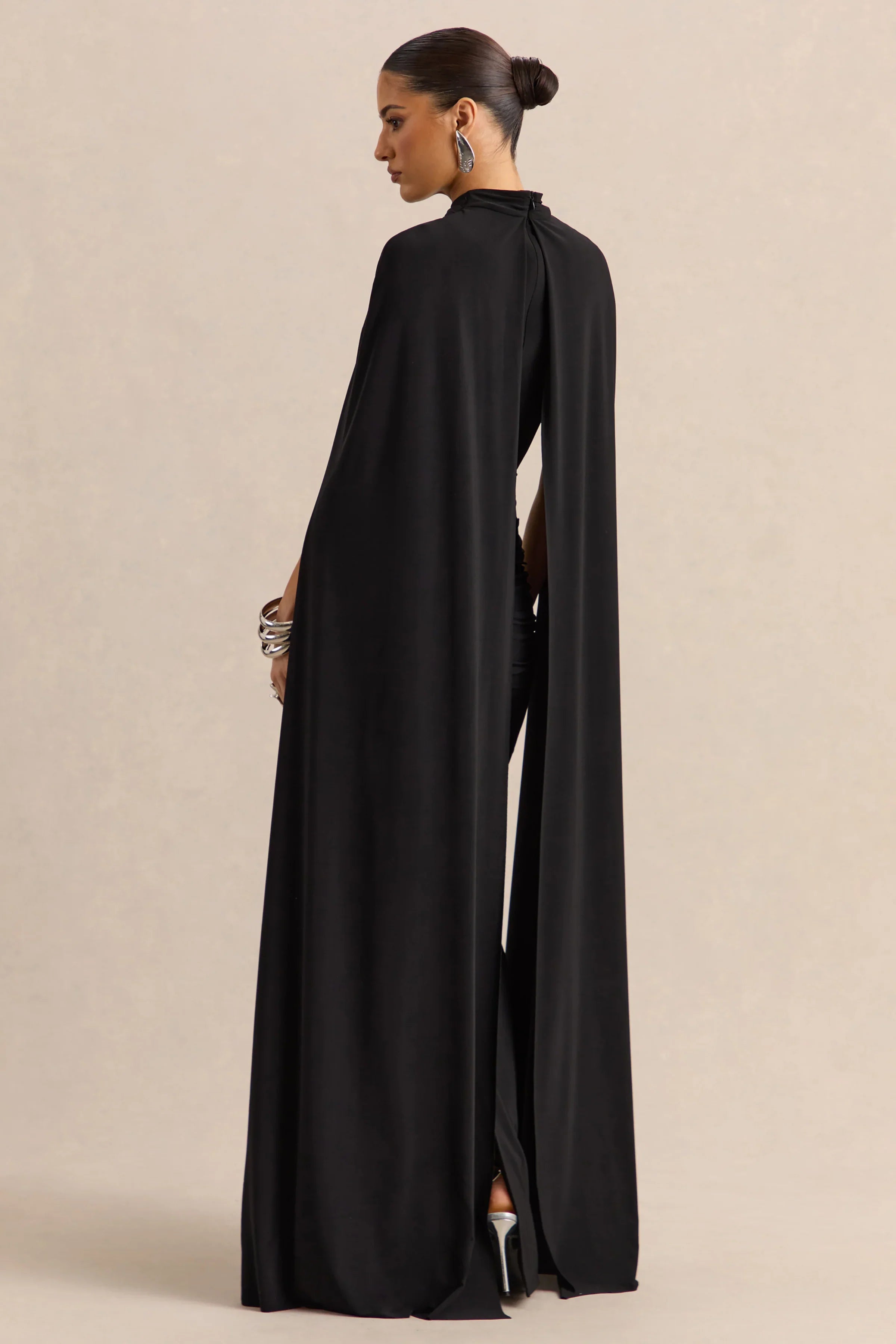 Dianelle Black High Neck Maxi Dress With Cape Sleeves