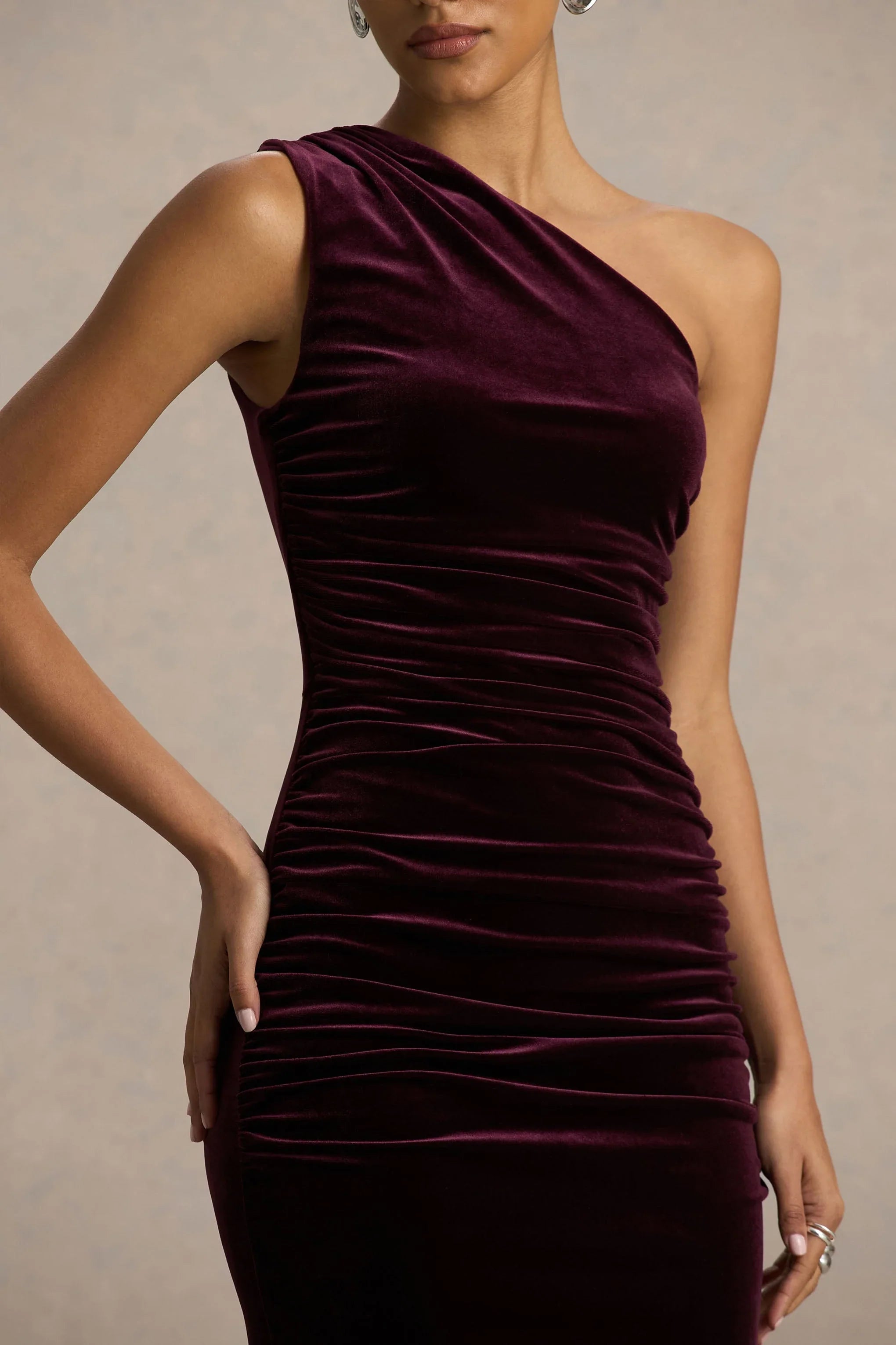 Treat Burgundy Velvet Asymmetric Neck Maxi Dress With Ruched Detailing