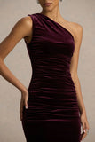 Treat Burgundy Velvet Asymmetric Neck Maxi Dress With Ruched Detailing