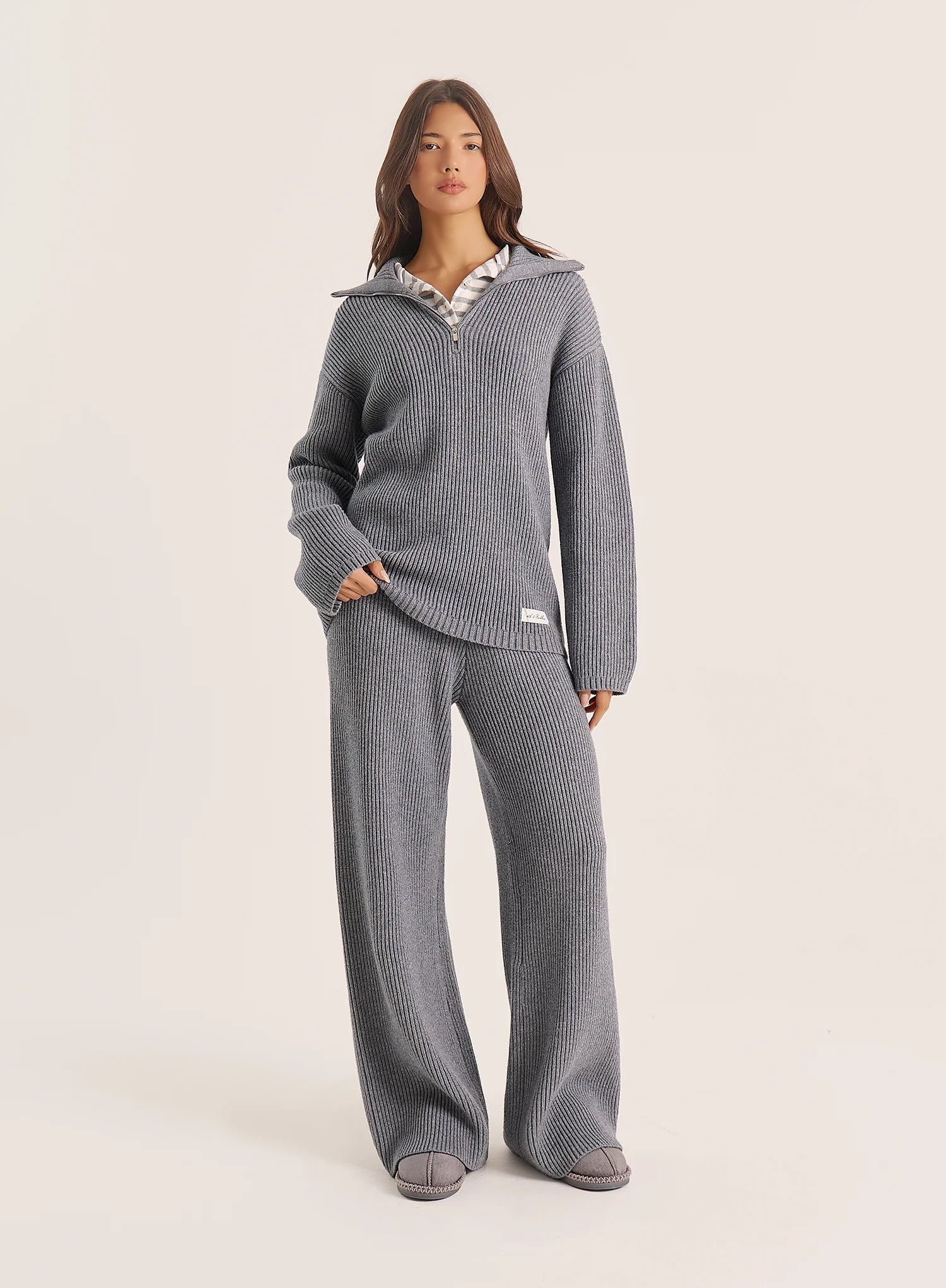 Light Grey Knitted Oversized Collar Zip Jumper
