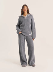 Light Grey Knitted Oversized Collar Zip Jumper