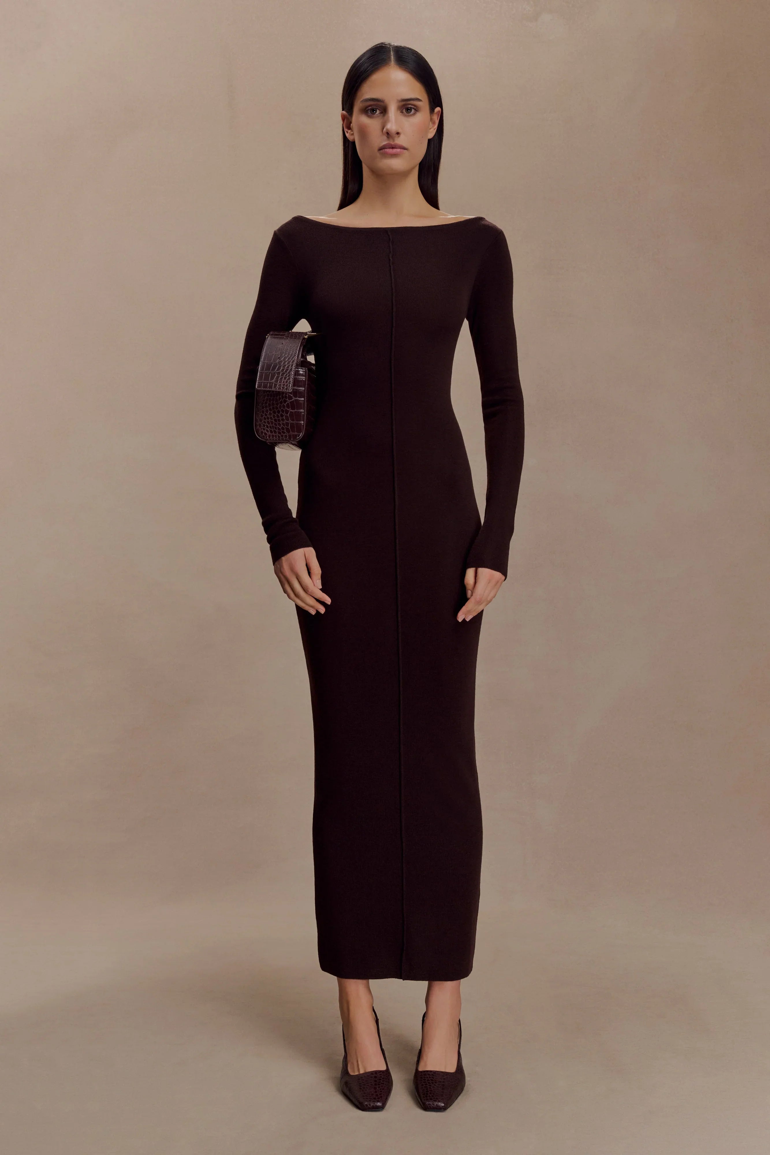 Cleona Merino Wool Ribbed Long Sleeve Maxi Dress Deep Chocolate