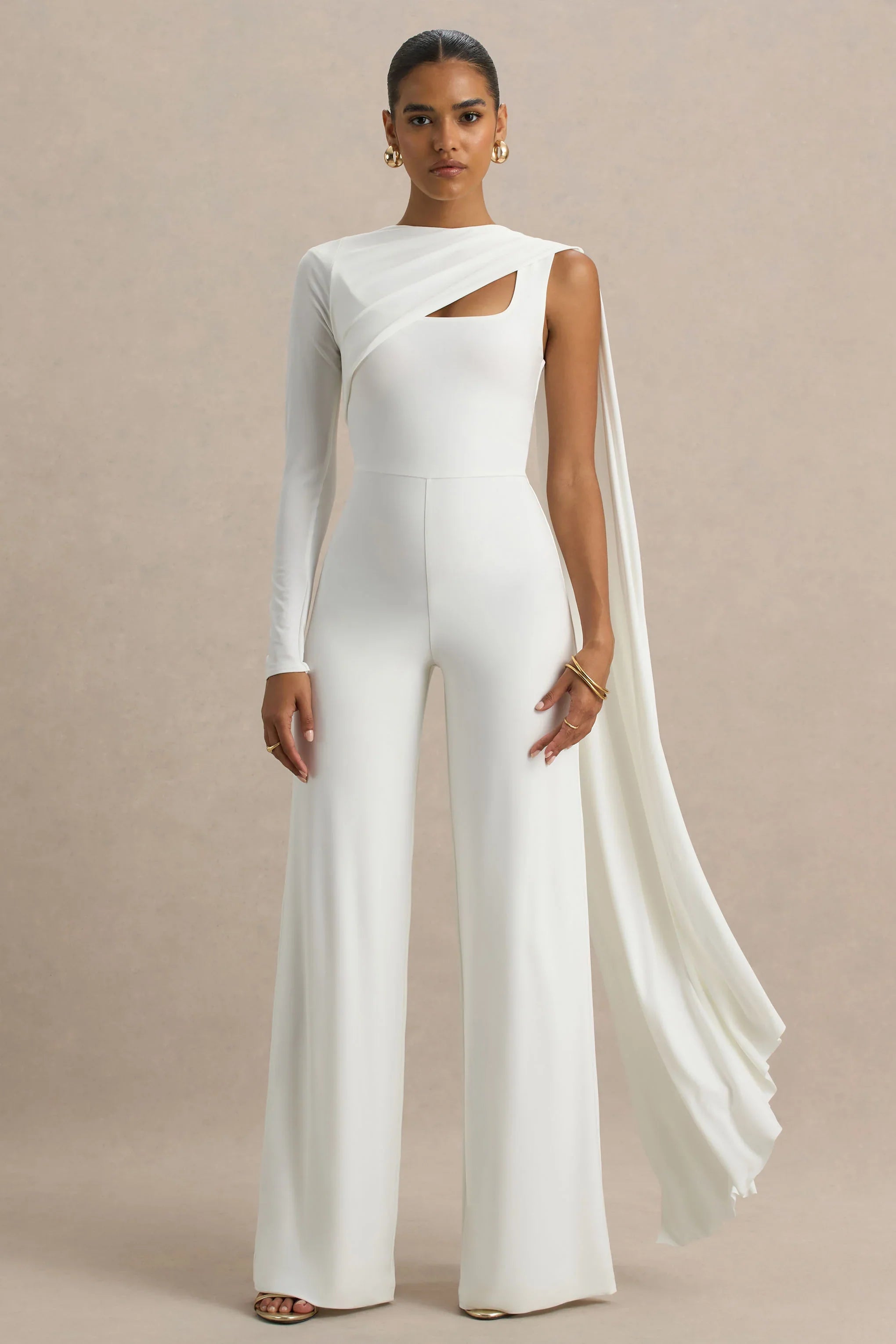 Graces White High Neck Jumpsuit With Cape Sleeve
