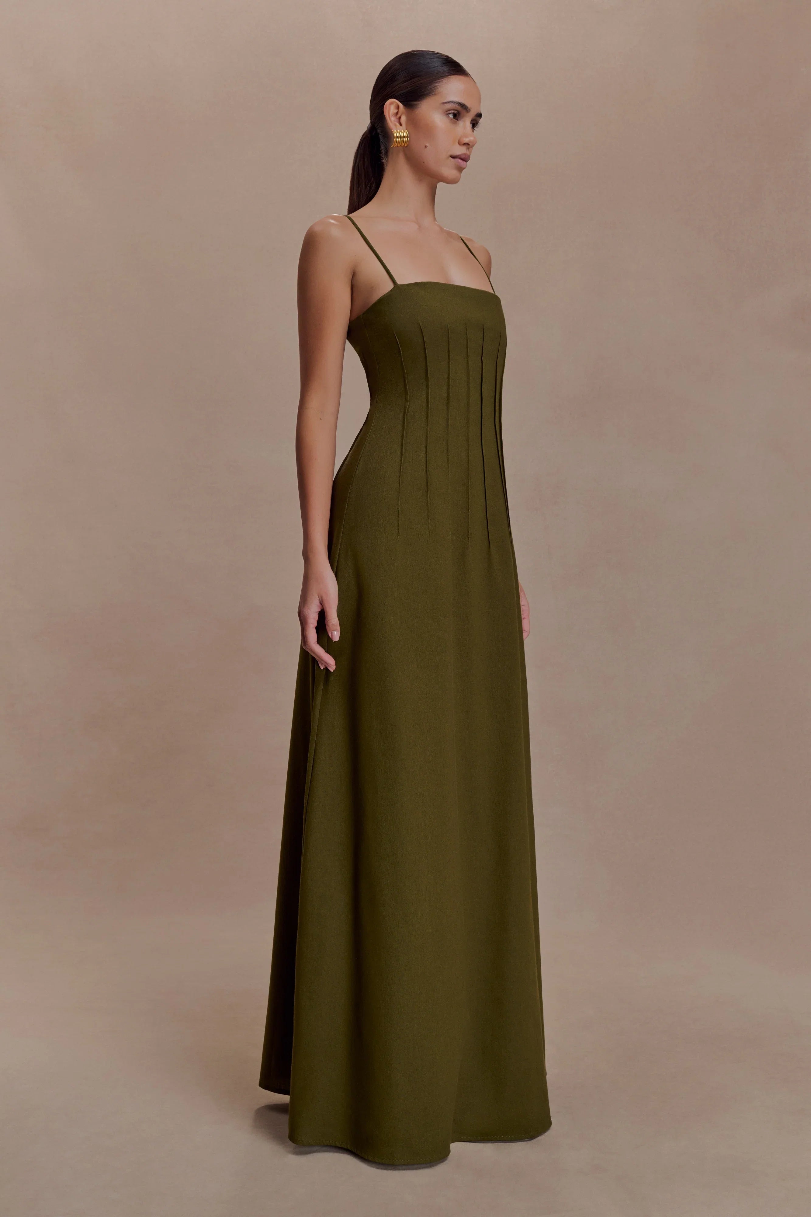 Sofie Pintuck Linen Maxi Dress Khaki
