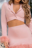 Tempting Pink Cropped Blazer With Feather Trim On Sleeve Cuff