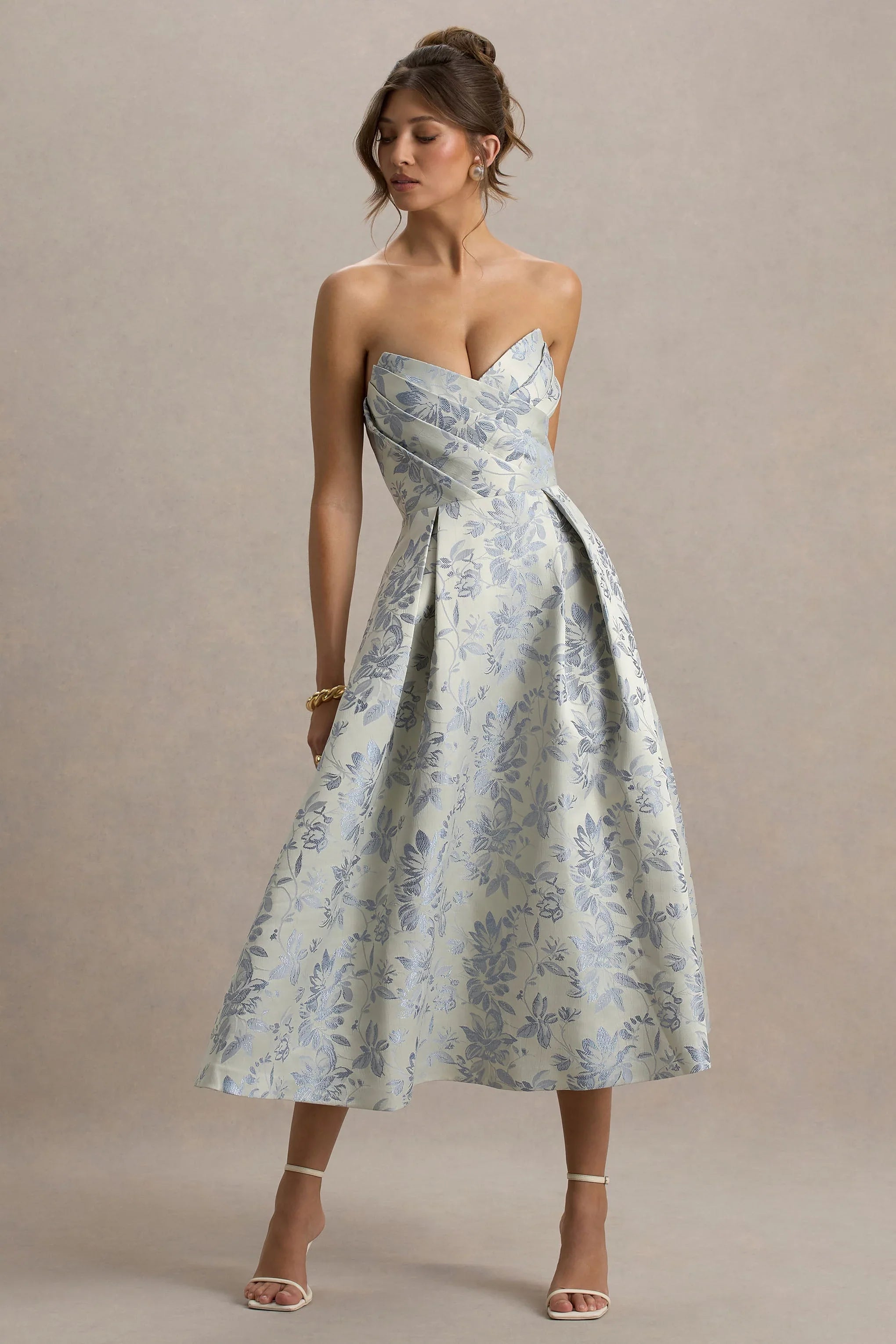 One Wish Light Blue Jacquard Sweetheart Midi Dress