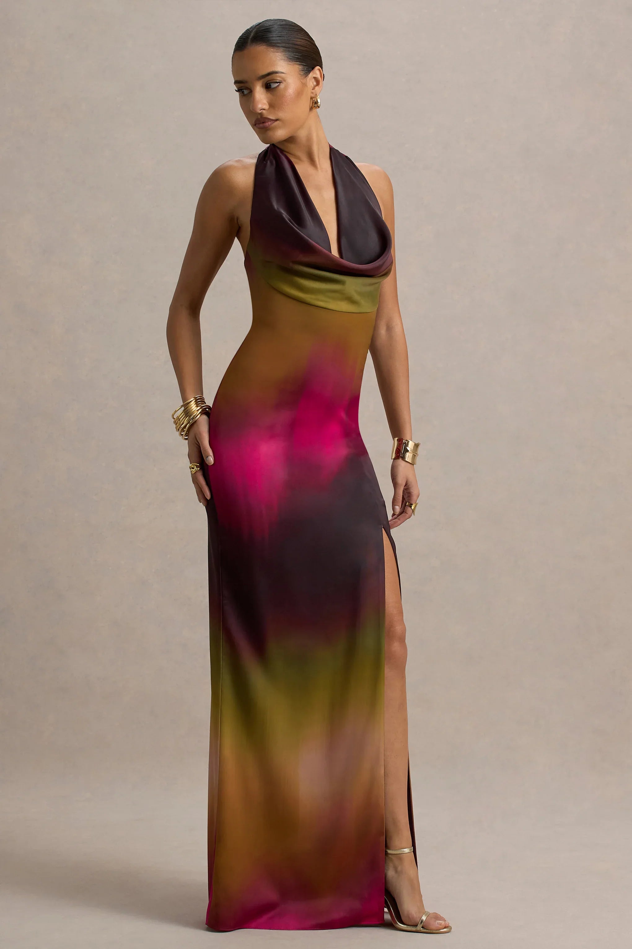 Fiorella Ombre Print Cowl Neck Split Maxi Dress