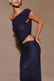 Kenny Diamante One Shoulder Maxi Dress Navy