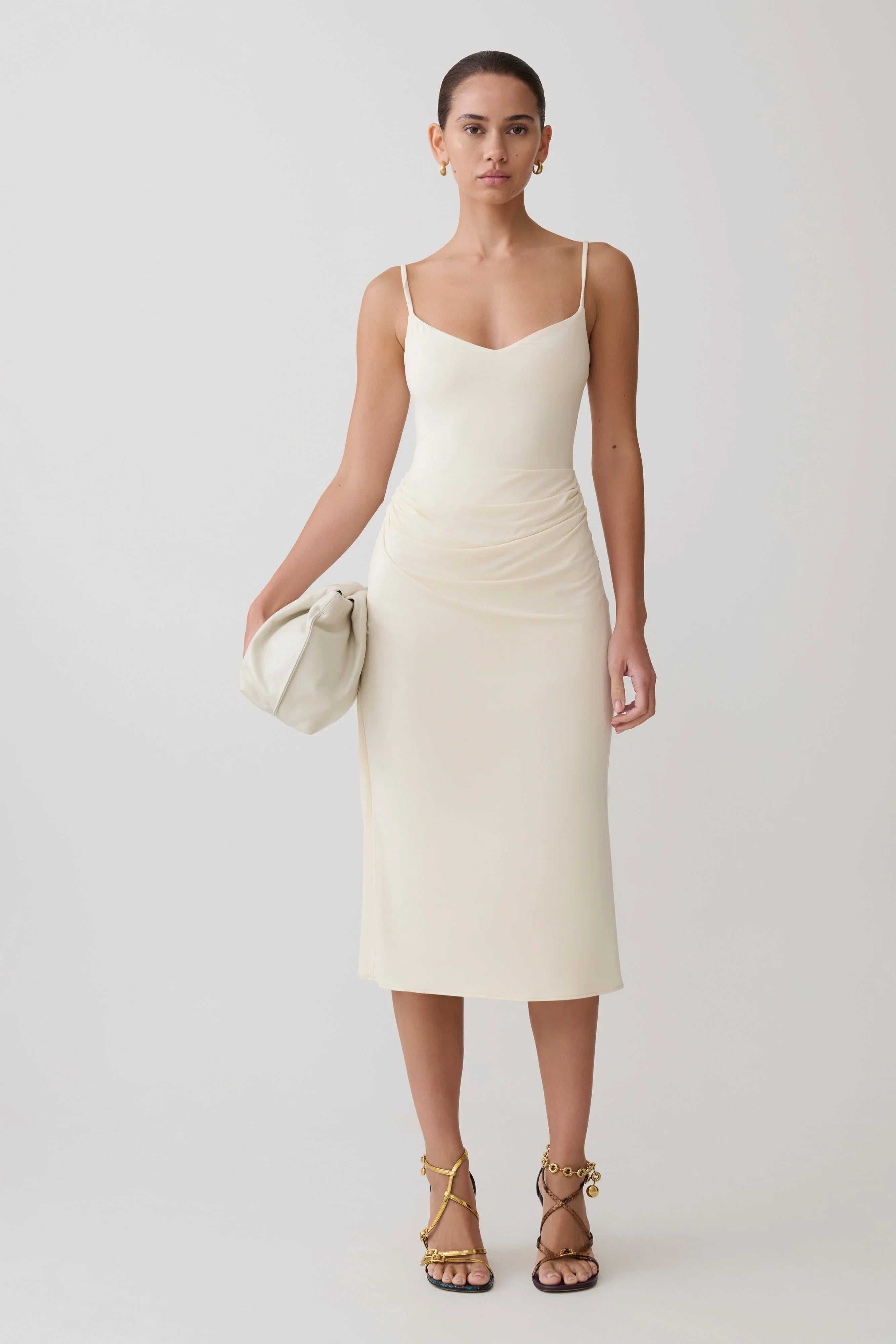 Vina Gathered Jersey Midi Dress Ivory