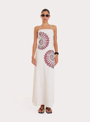 Cream Linen Blend Embroidered Shell Halterneck Maxi Dress
