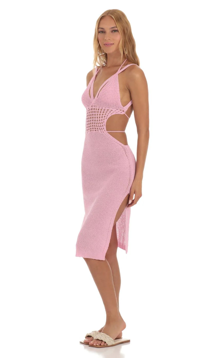 Ixora Crochet Cutout Midi Dress in Pink