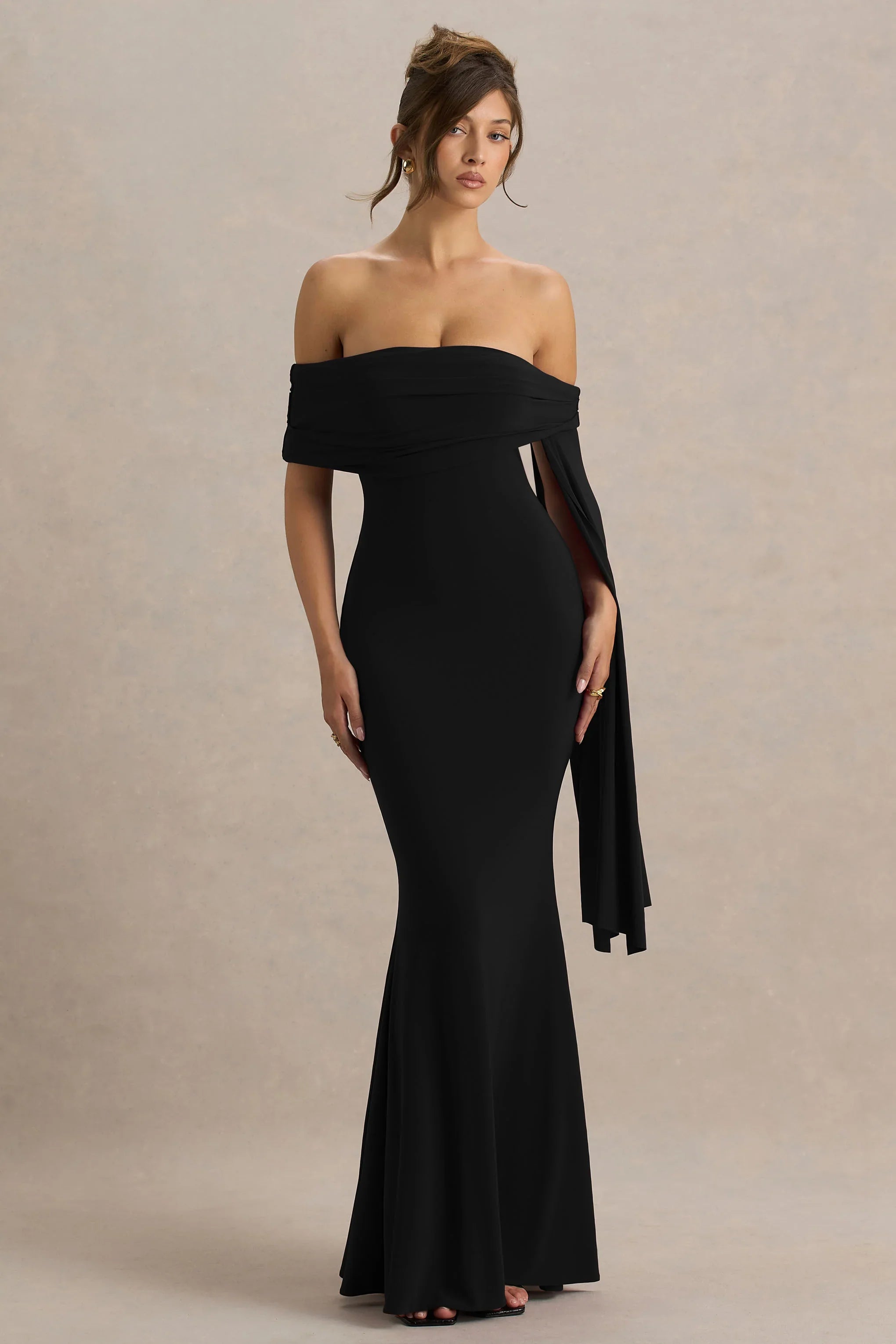 Saffina Black Bardot Neck Maxi Dress With Sash Detail