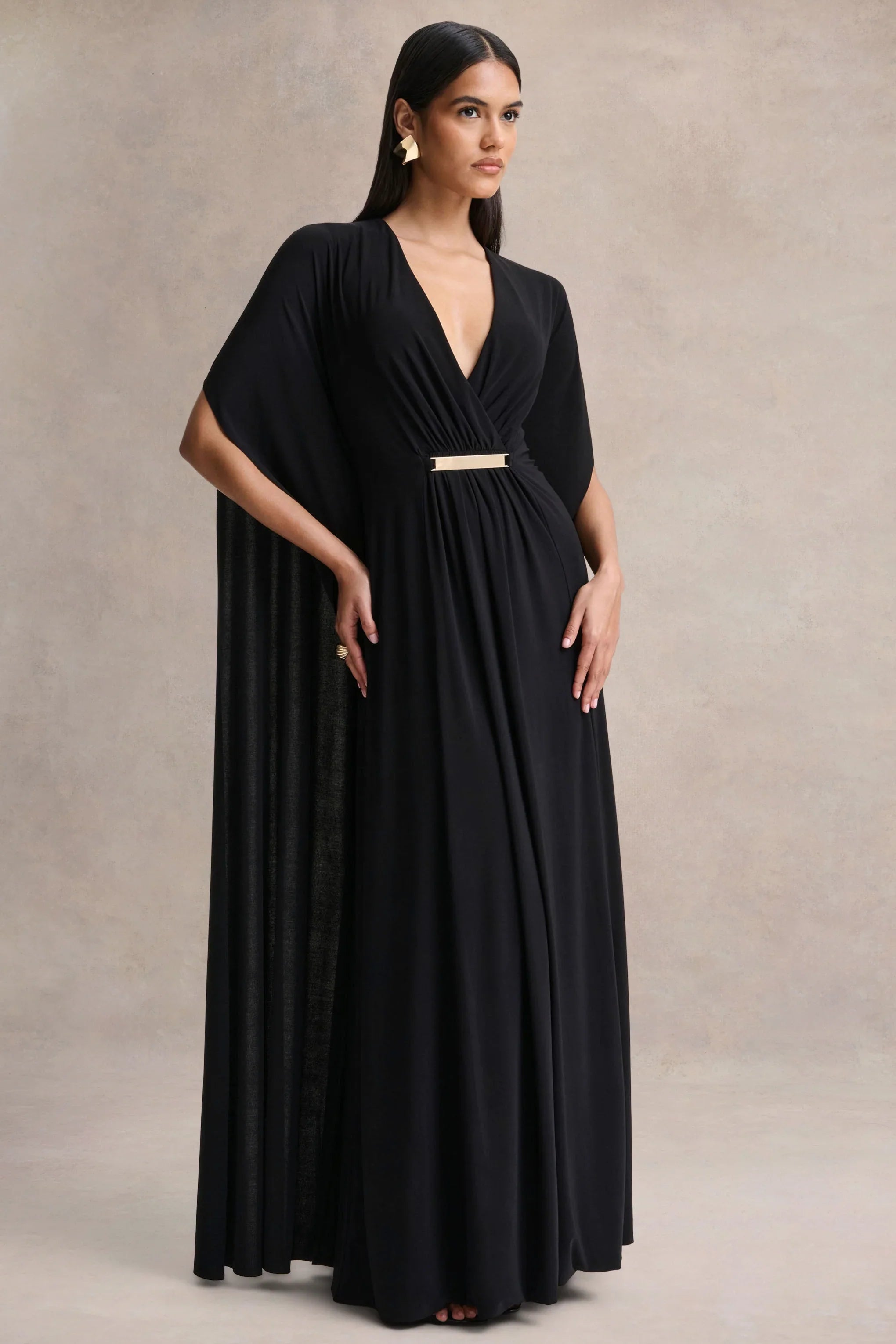 Romilly Black Plunge Neck Maxi Dress With Gathered Detail