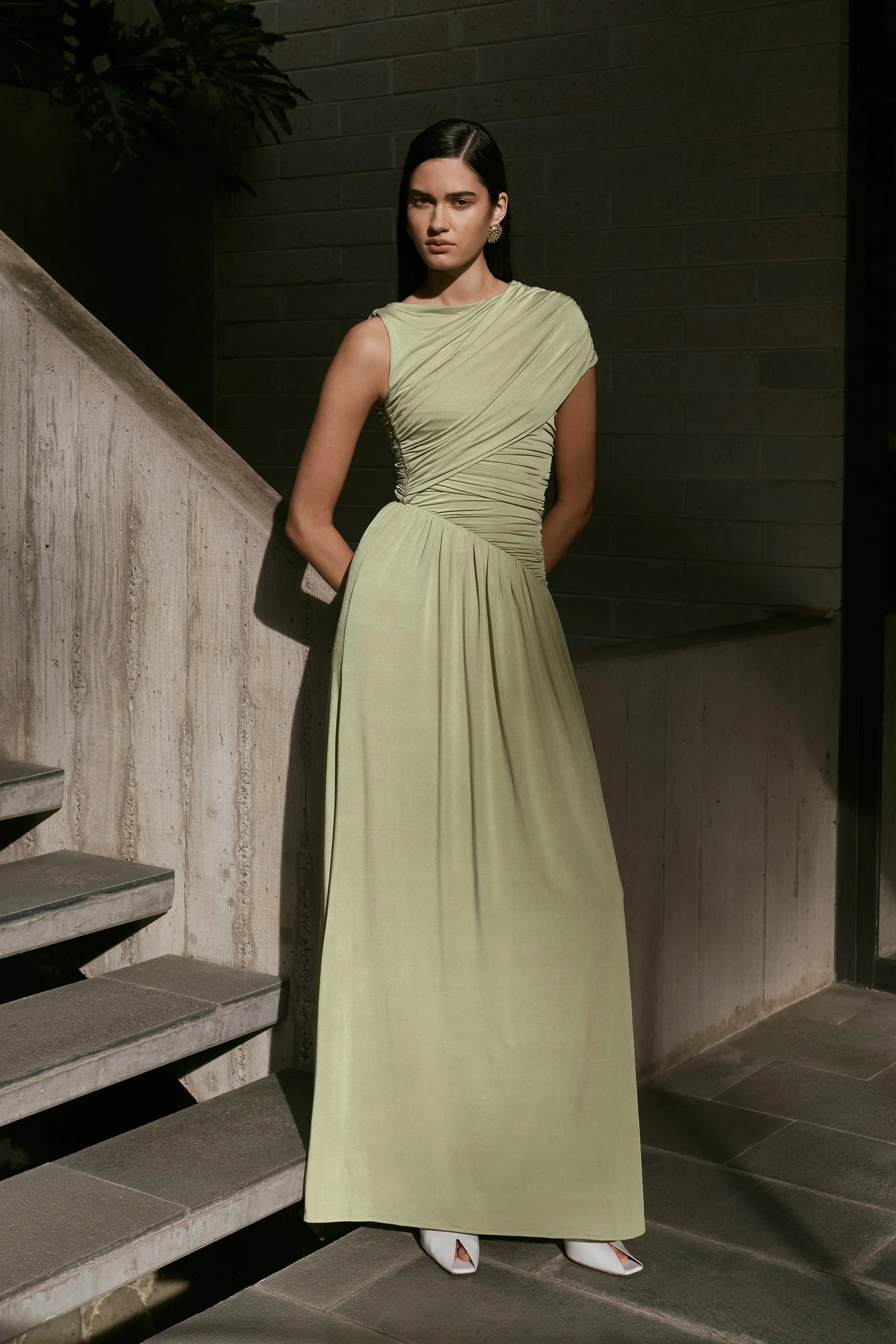 Ayeshya Slinky Asymmetric Maxi Dress Sage