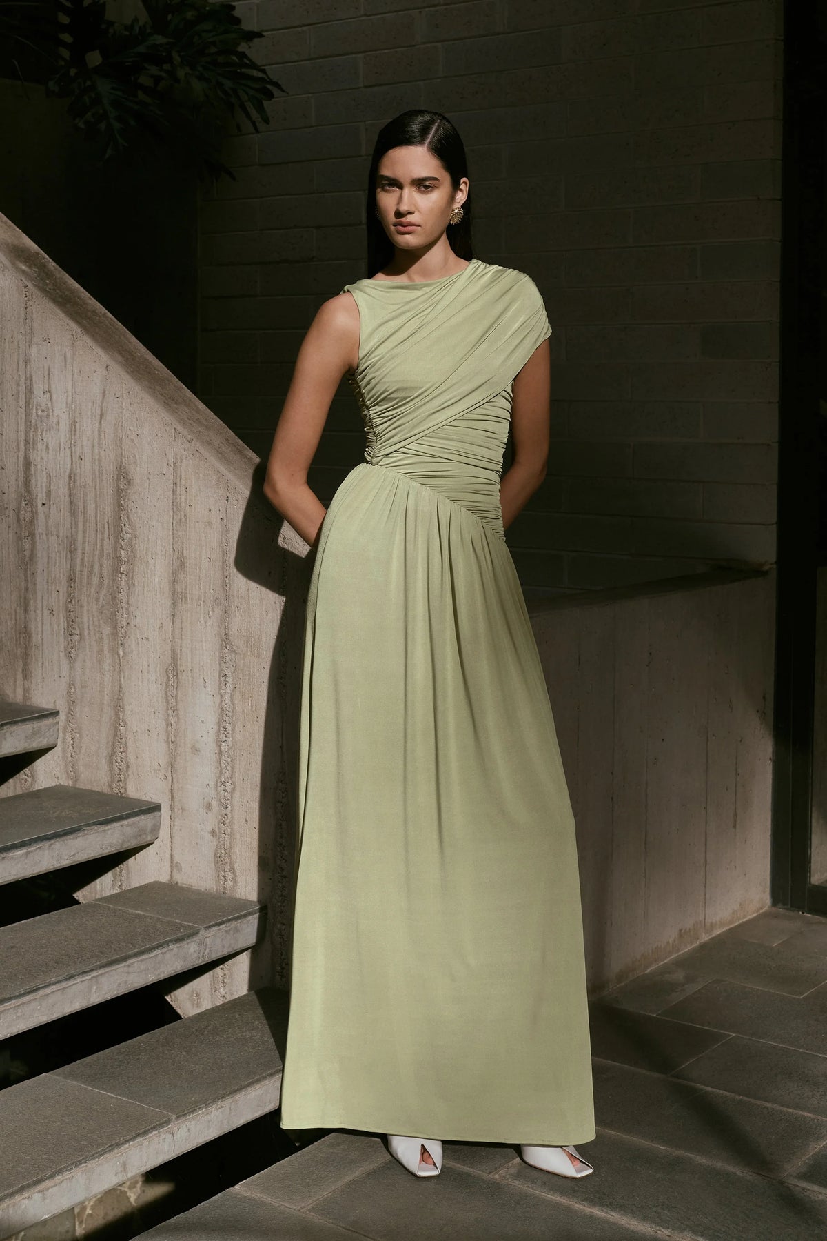 Ayeshya Slinky Asymmetric Maxi Dress Sage
