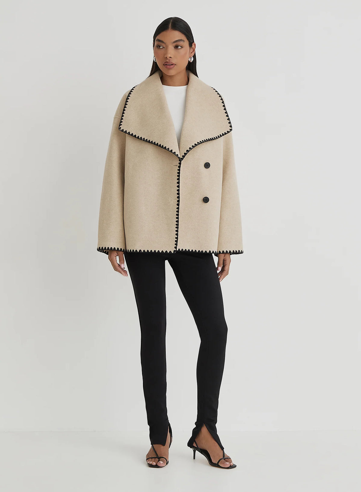 Beige Contrast Stitch Oversized Jacket