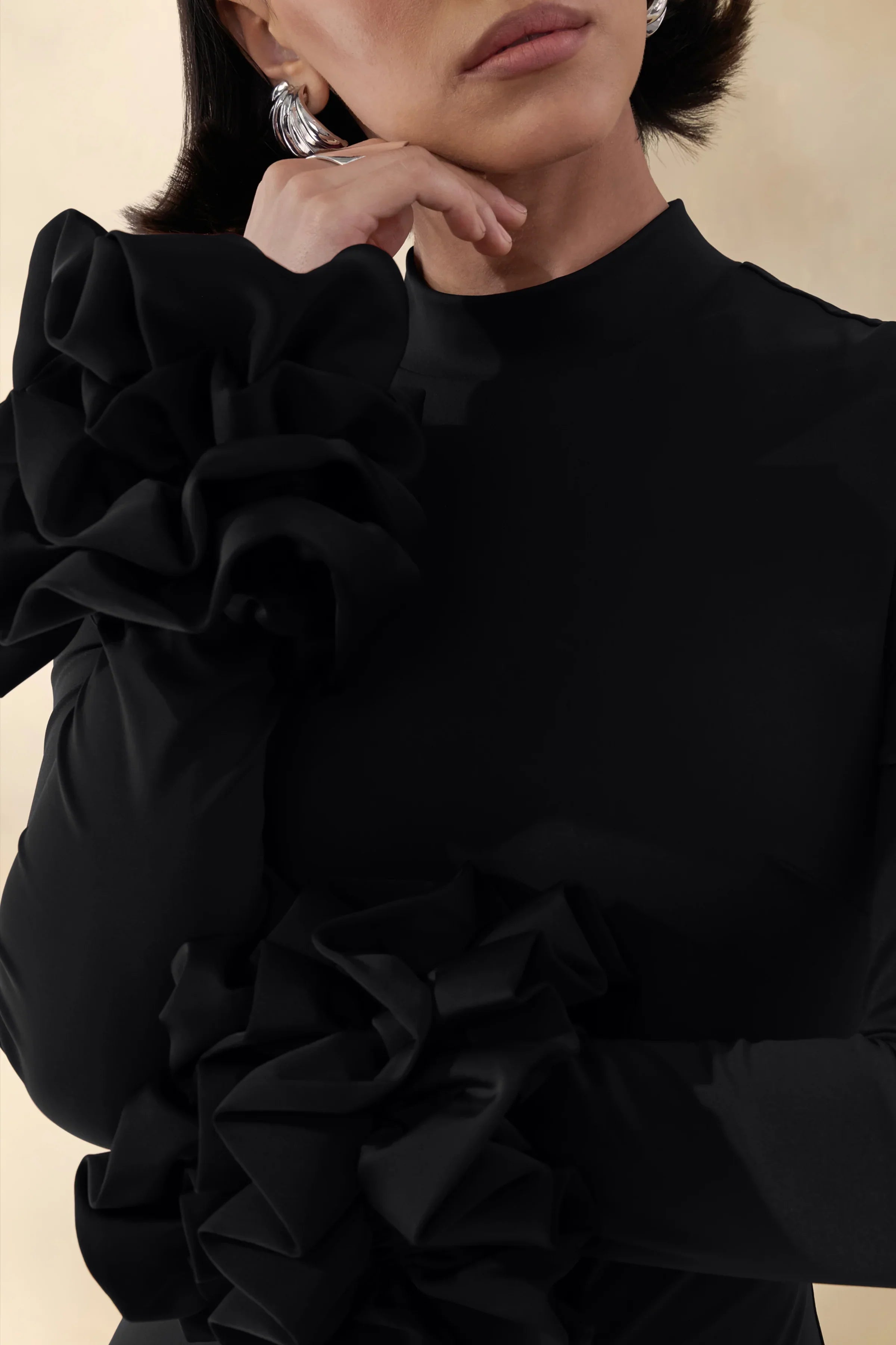 Jaselle Black High Neck Maxi Dress With Ruffled Satin Cuffs